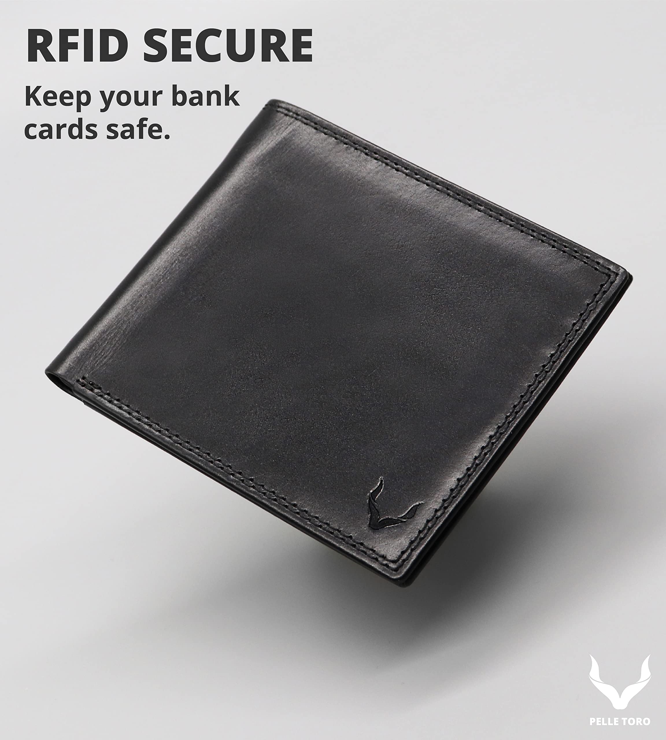 PELLE TORO Minimalist Slim Mens Wallet - Genuine Leather RFID Blocking Card Holder with 10 Slots & Cash Pocket - Perfect for Everyday Carry, Travel & Business (Black)