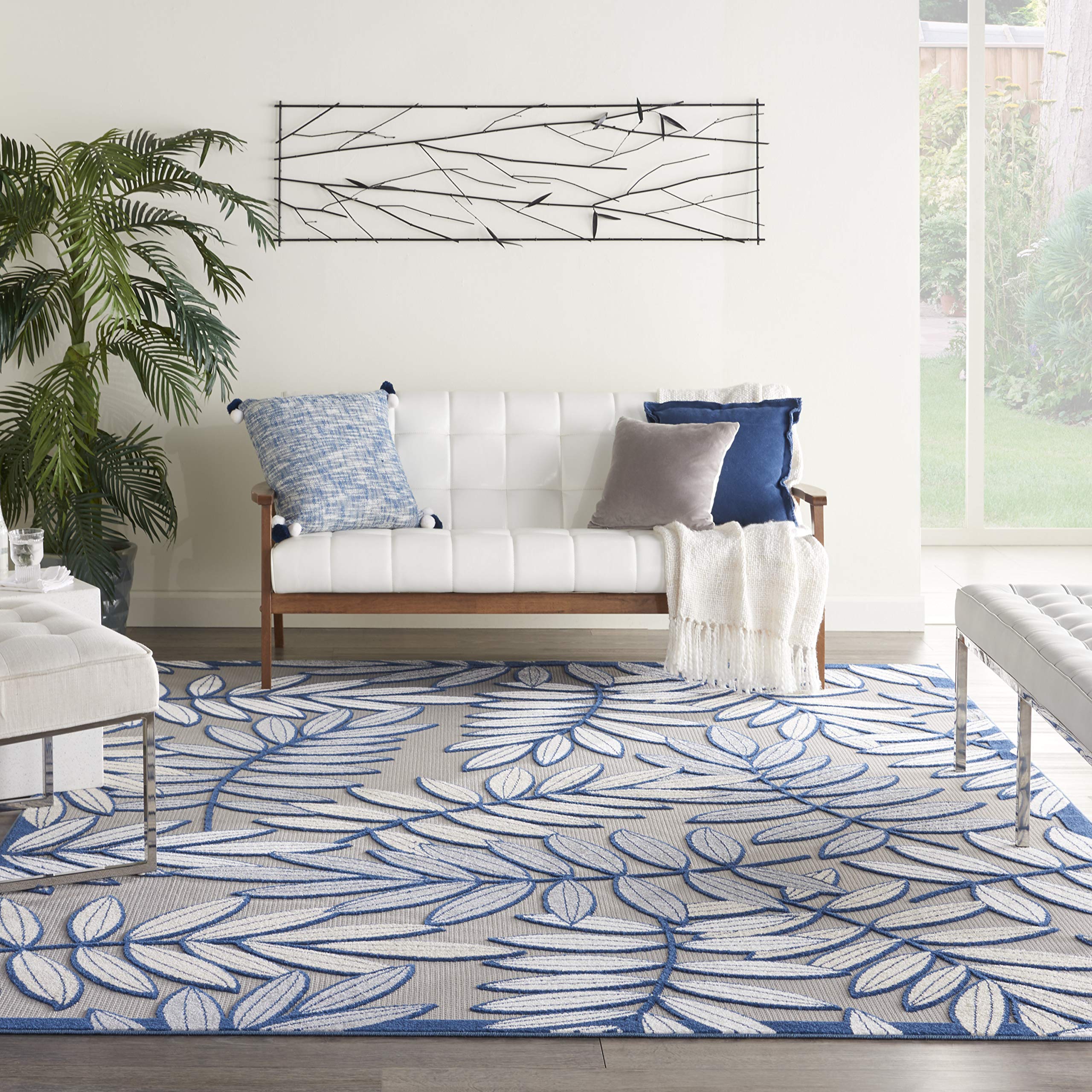 Nourison Aloha 9' x 12' Indoor/Outdoor Area Rug - Ivory/Navy, Easy to Clean, Non-Shedding, Stain Resistant | Perfect for Bedroom, Living Room, Dining Room, Backyard, Deck & Patio (9x12)