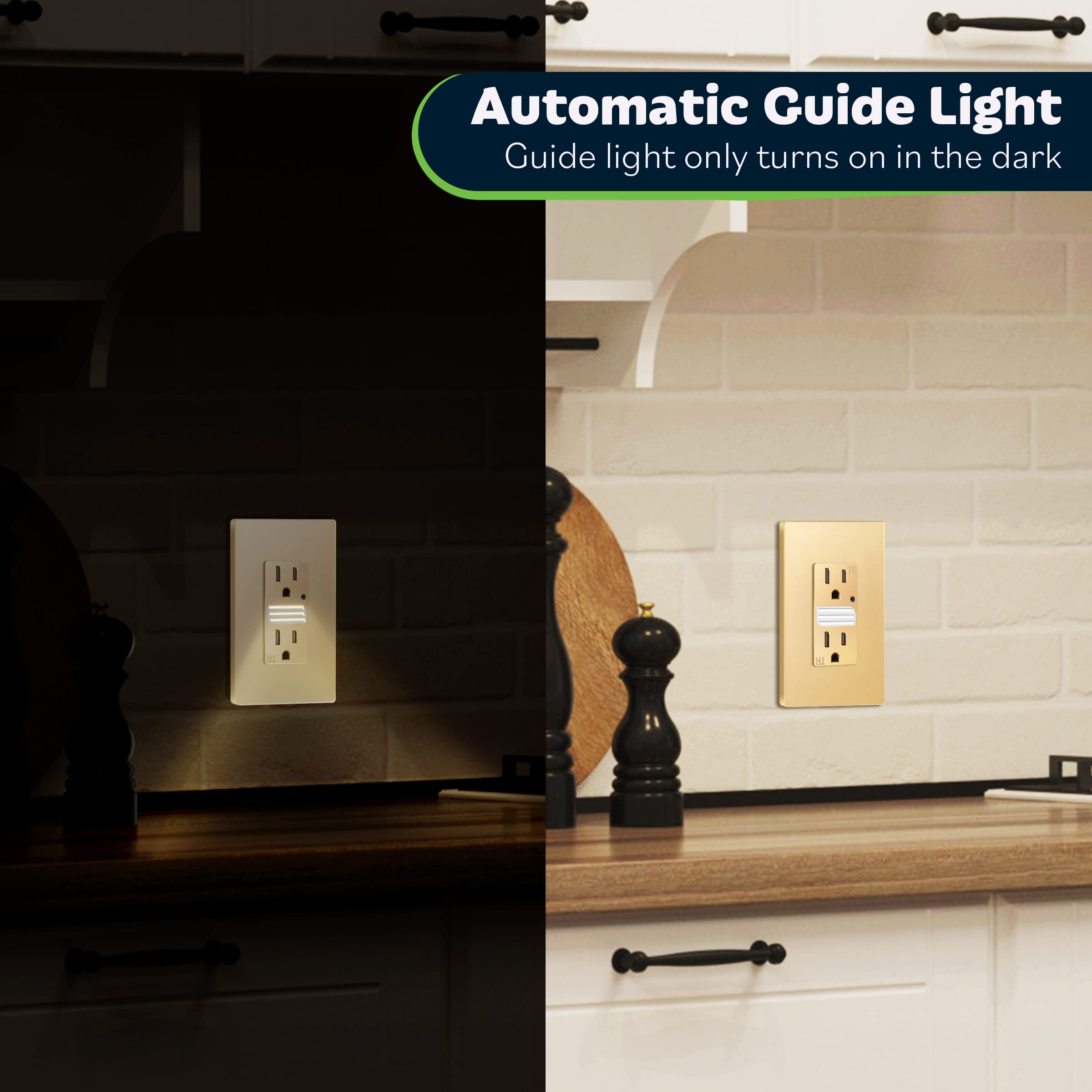 Topgreener TGL215TR-GD Gold LED Night Light Outlet with Auto Daylight Sensor - 125VAC/15A Tamper-Resistant Wall Receptacle - Perfect for Hallways, Bedrooms & Bathrooms