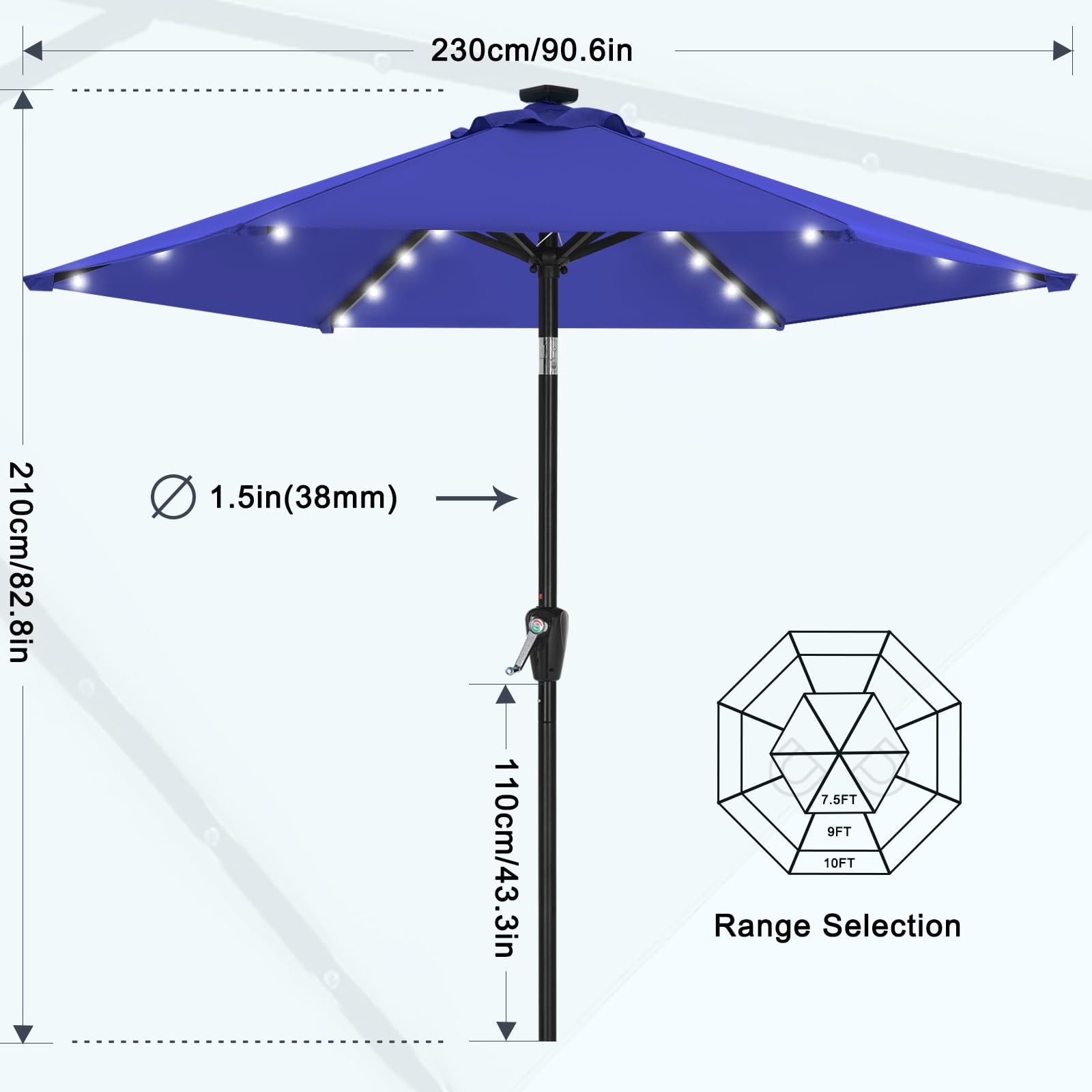 MASTERCANOPY 7.5ft Blue Solar LED Patio Umbrella - Outdoor Garden, Poolside, Backyard Shade with Built-in Lights for Evening Relaxation