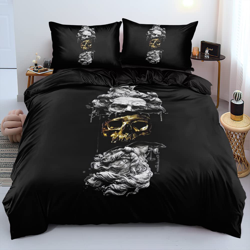Modern Art Black Golden Skull Duvet Cover Set - Twin/Twin XL Size with Pillow Shams - Gothic Broken Statue Design Bedding for Teen Boys Room, Dorm Decor & Halloween Themed Bedroom