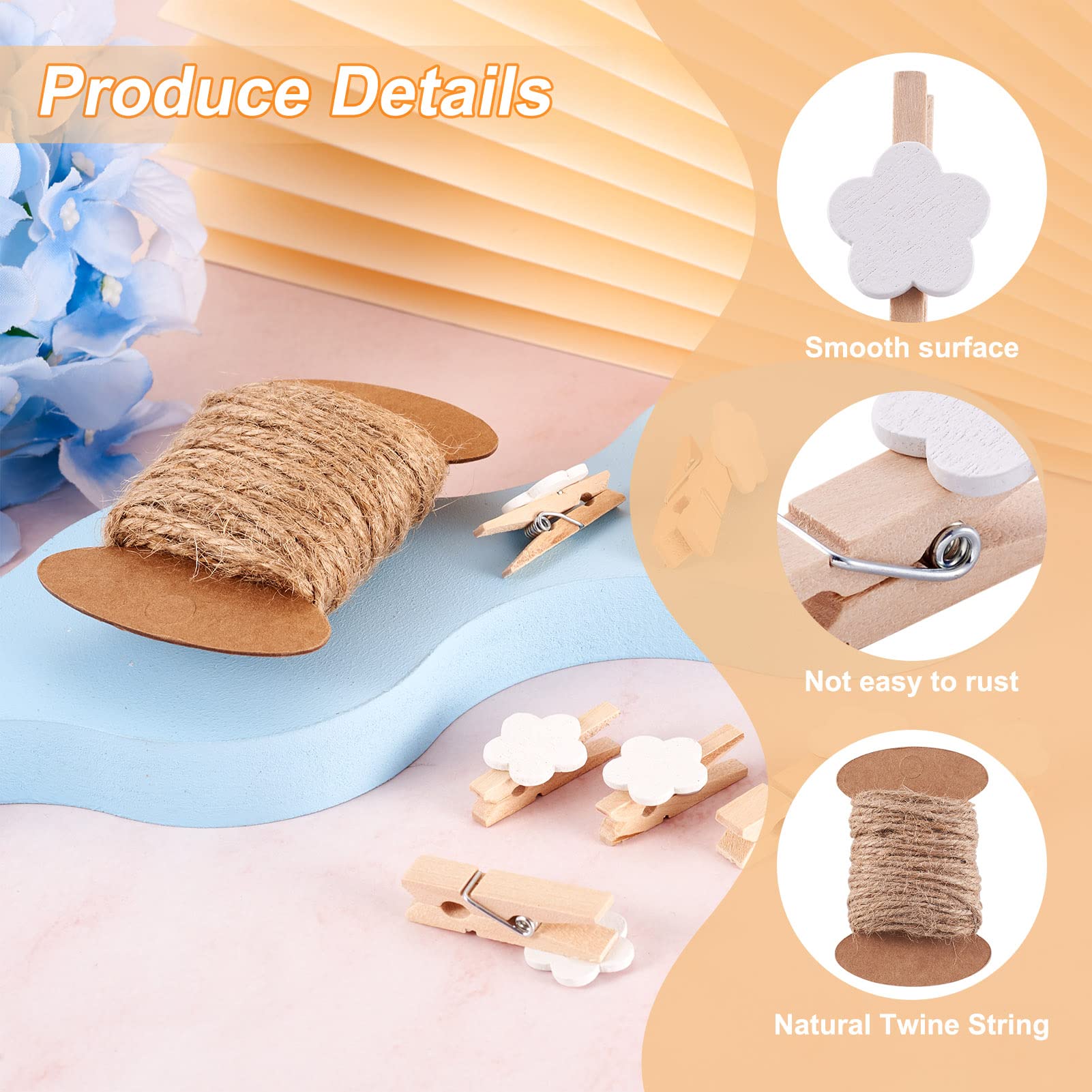 White Wooden Flower Clothespins - 100pcs with Jute Twine for Photo Display & Party Decor