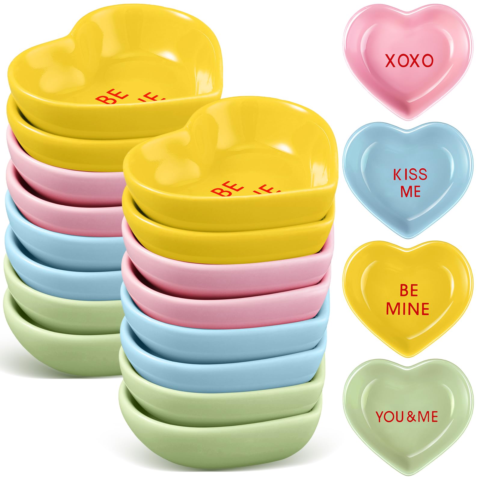 12 Pcs Heart Shaped Ceramic Bowls - Valentine's Day Side Dishes, Soy Sauce Dipping Bowls for Parties, Weddings & Romantic Dinners (Colorful, Be Mine, Kiss Me, XOXO, You&Me) - Perfect for Valentine's Gifts, Appetizer Serving & Home Decor