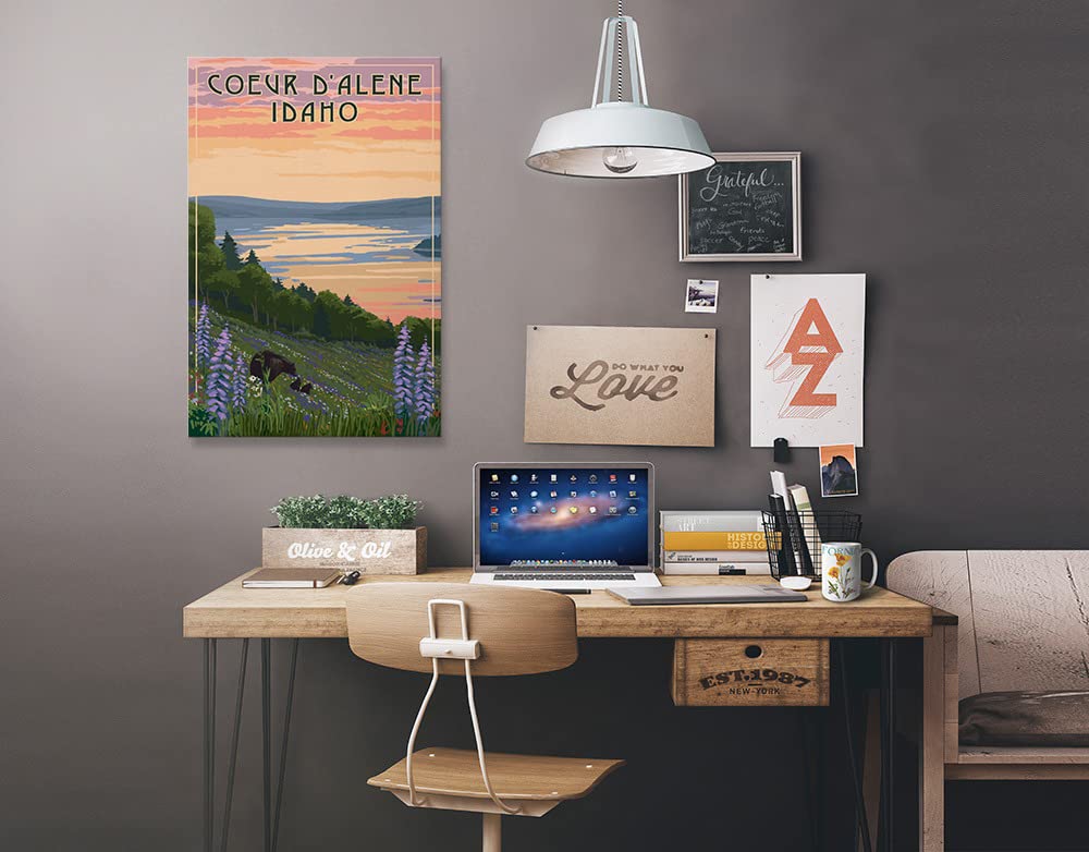 Lantern Press Coeur d'Alene Idaho Lake and Bear Family Wall Art - 24x36 Wrapped Canvas Print for Home Decor, Living Room, Bedroom & Office