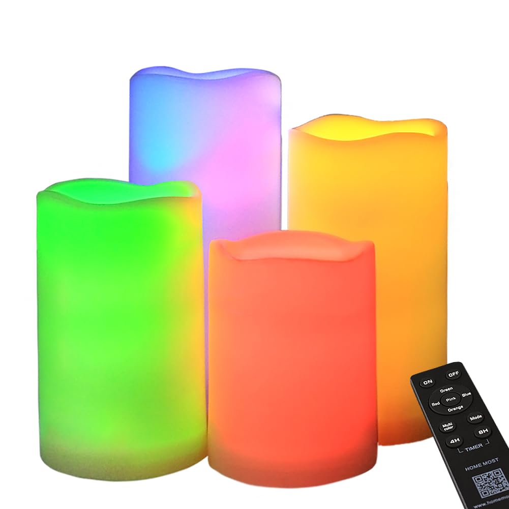 Set of 4 Multicolor LED Pillar Candles - Outdoor IP64 Waterproof (3x4, 3x5, 3x6, 3x7 inches) - Battery Operated Color Changing Candles with Timer & Remote - Unscented Flameless Candles for Patio, Garden, Wedding, Party & Home Decor
