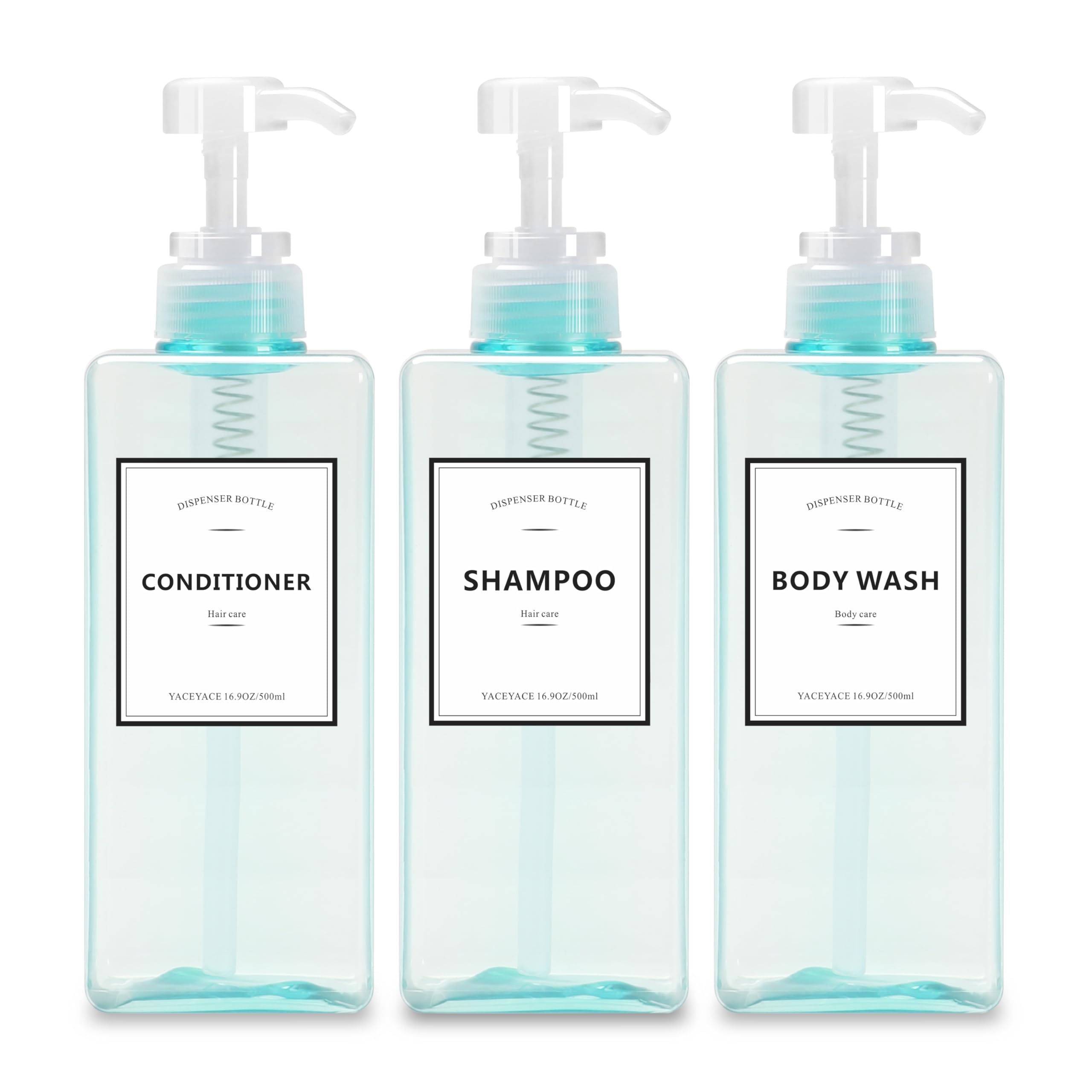 YACEYACE 16.9oz Blue Clear Empty Shampoo & Conditioner Bottles Set of 3 with Pump - Refillable Dispenser for Shampoo, Conditioner & Body Wash - Perfect for Home, Salon & Travel Use