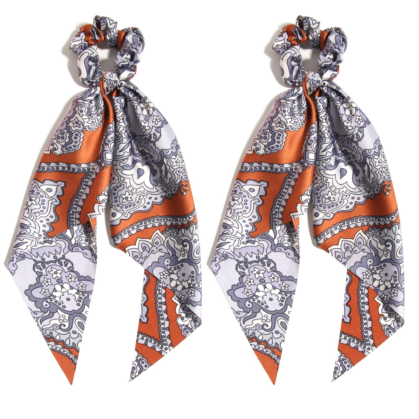 Women's Hair Scrunchie with Tails & Bow - Elastic Hair Ties Ponytail Holder for Women & Girls | Fashion Hair Accessories in Paisley Orange | Perfect for Workouts, Office, or Casual Outfits