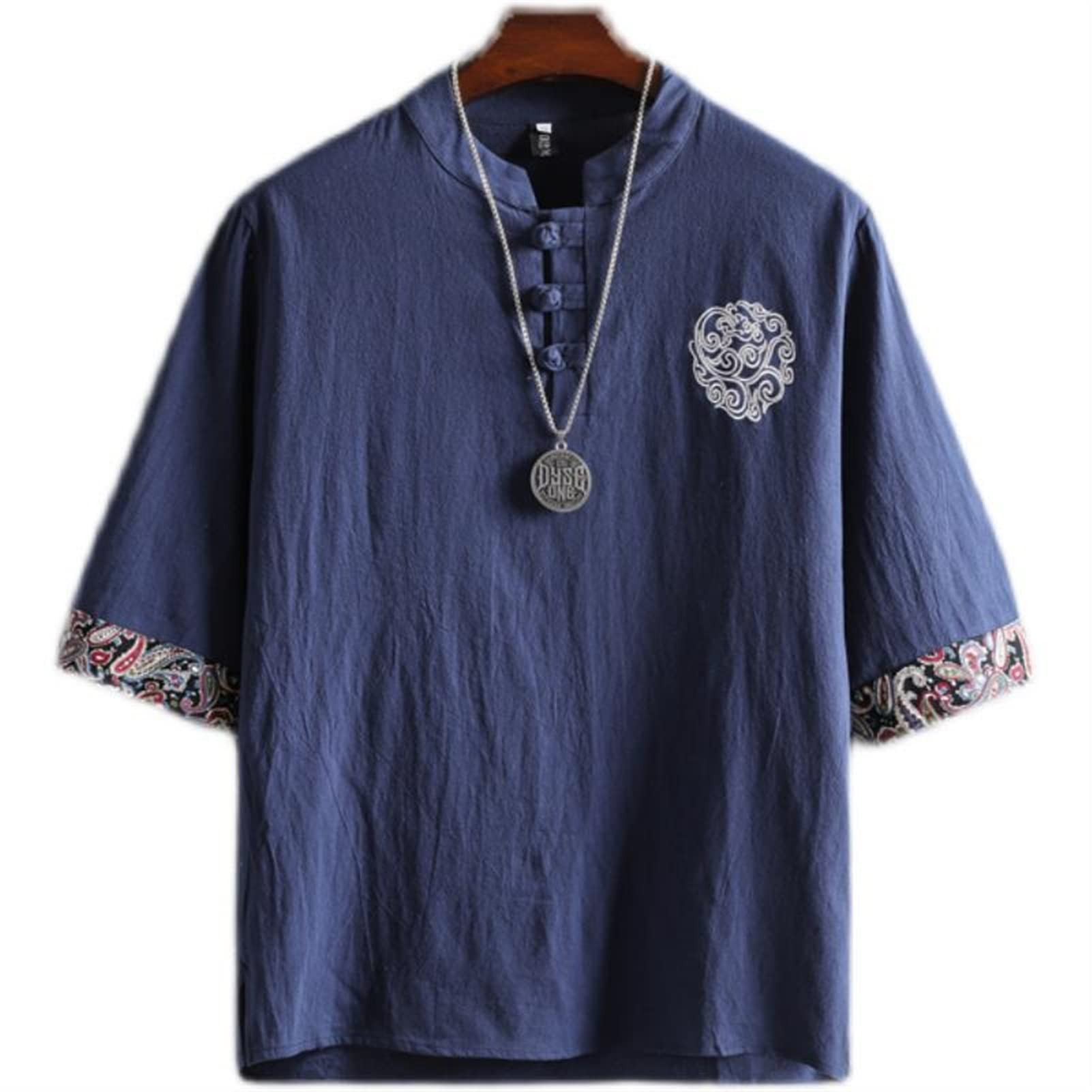 Plus Size Men's Kung Fu Shirt - Traditional Chinese Style Short Sleeve Summer Blouse (M-5XL) | Vintage Martial Arts Top for Casual Wear & Cosplay | Navy Blue | X-Large