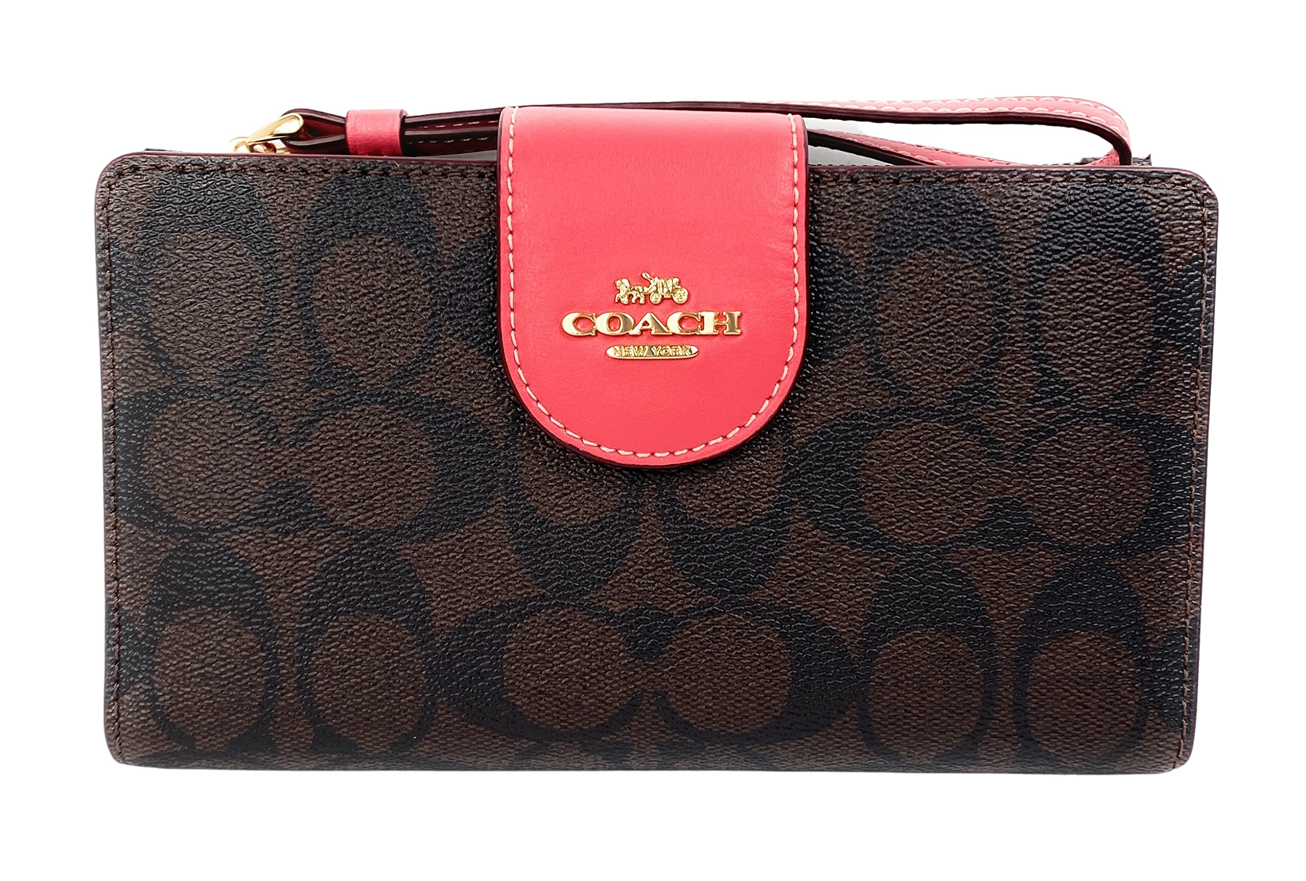 Coach Women's Tech Phone Wallet - Brown Signature Canvas & Watermelon Design - Slim RFID Blocking Crossbody Bag for iPhone - Perfect for Travel, Shopping & Everyday Use