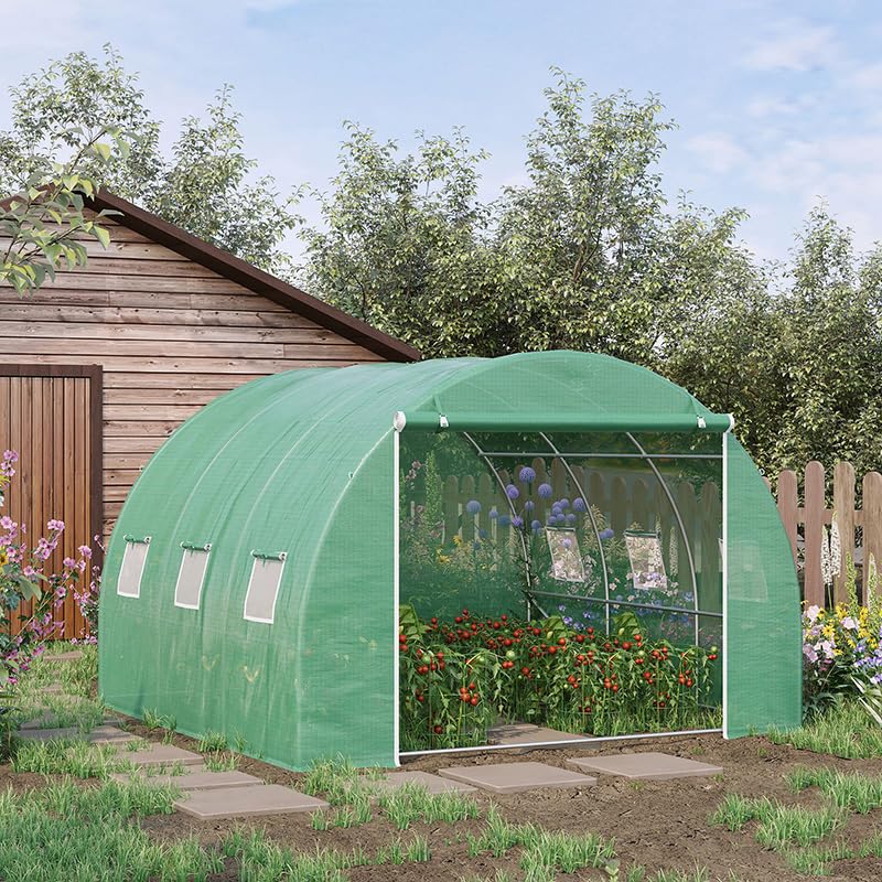 Outsunny 10x10ft Walk-in Greenhouse with PE Cover & Steel Frame - Roll-Up Zipper Door & Windows for Flowers, Vegetables, Plants | Perfect for Backyard Gardening, Plant Protection & Year-Round Growing