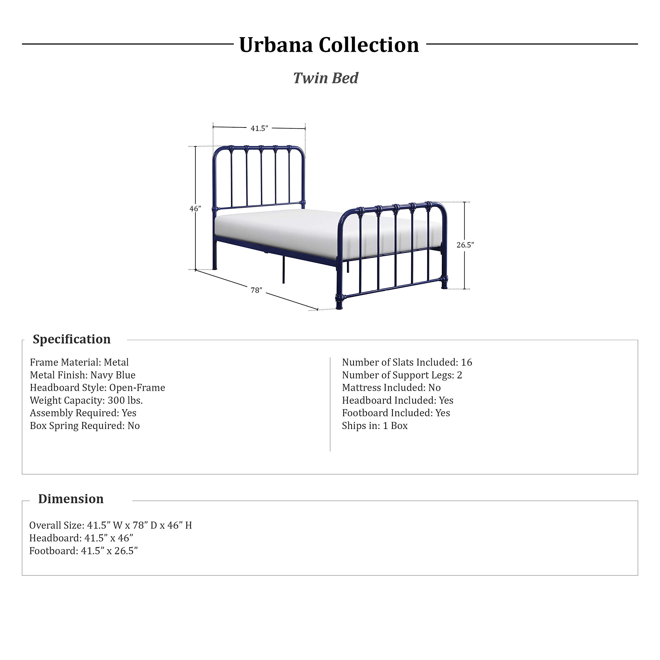 Lexicon Twin Metal Bed Frame with Headboard - Sturdy Platform Bed with Metal Slat Support, Under Bed Storage Space, No Box Spring Needed - Easy Assembly, Navy Blue - Perfect for Kids Rooms, Guest Bedrooms & Small Spaces
