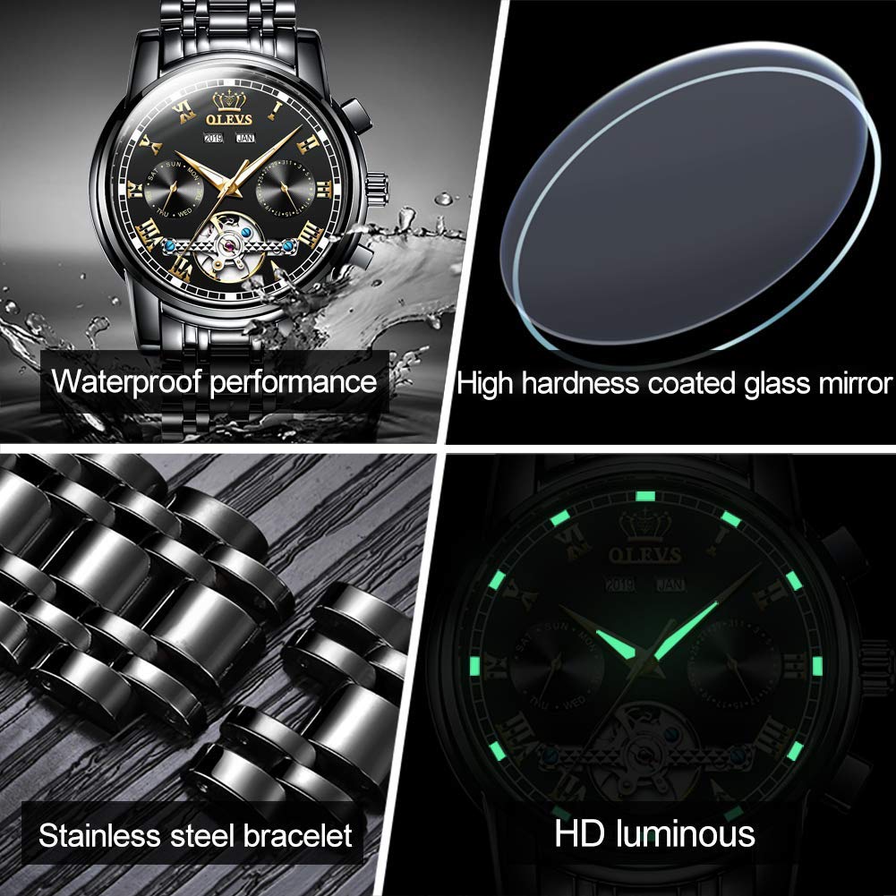 OLEVS Automatic Self-Winding Men's Watch - Stainless Steel Tourbillon Mechanical Watch with Luminous Hands, Waterproof Luxury Dress Watch for Business & Formal Occasions