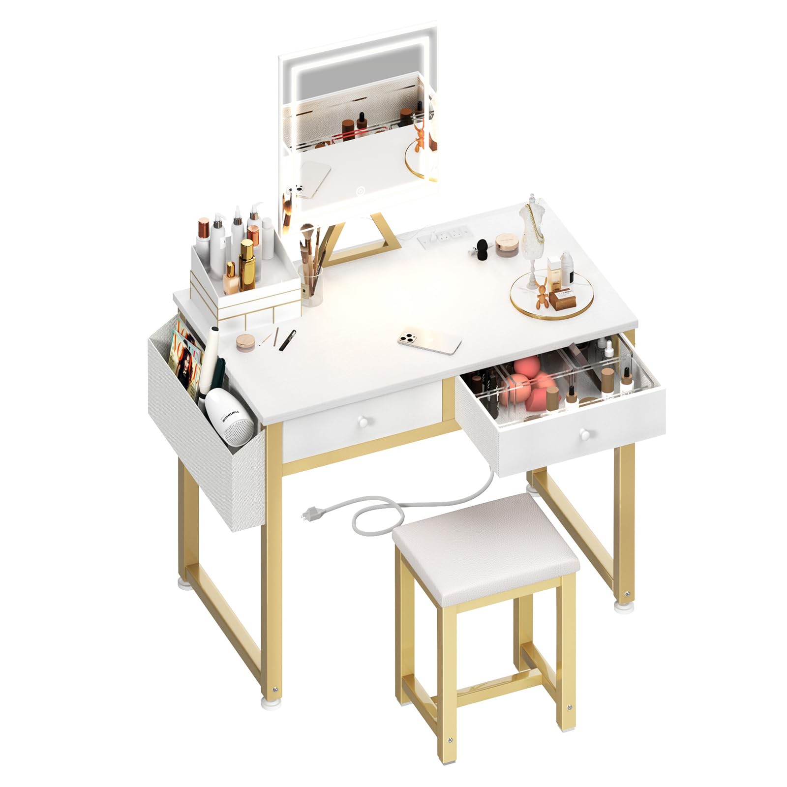 Lufeiya 32 Inch White Vanity Desk with Mirror, Lights & Fabric Drawers - Dressing Table & Chair Set with Power Outlet for Girls Bedroom (White Gold) | Perfect for Makeup, Skincare & Hair Styling