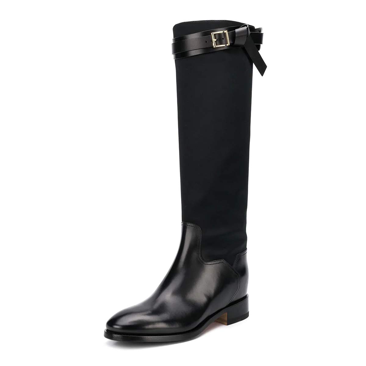 Trendy Women's Round Toe Chunky Low Heel Knee High Riding Boots with Side Zipper - Stylish Patchwork Long Boots for Winter - Pull On Dress Shoes with Strappy Detail - Perfect for Casual Outfits, Office Wear & Winter Fashion
