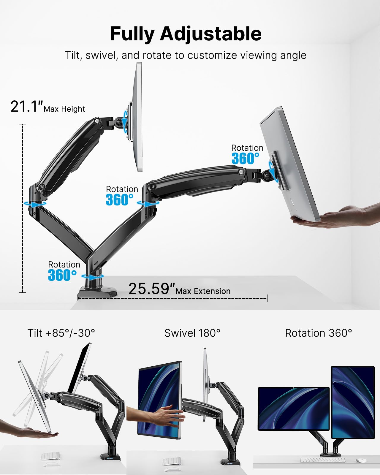 HUANUO Dual Monitor Stand for 13 to 40 Inch Screens - Heavy Duty Adjustable VESA Mount with USB Ports, Holds 2 Monitors up to 26.4lbs Each (Clamp/Grommet Base) - Perfect for Home Office, Gaming Setup & Workstation (Black)