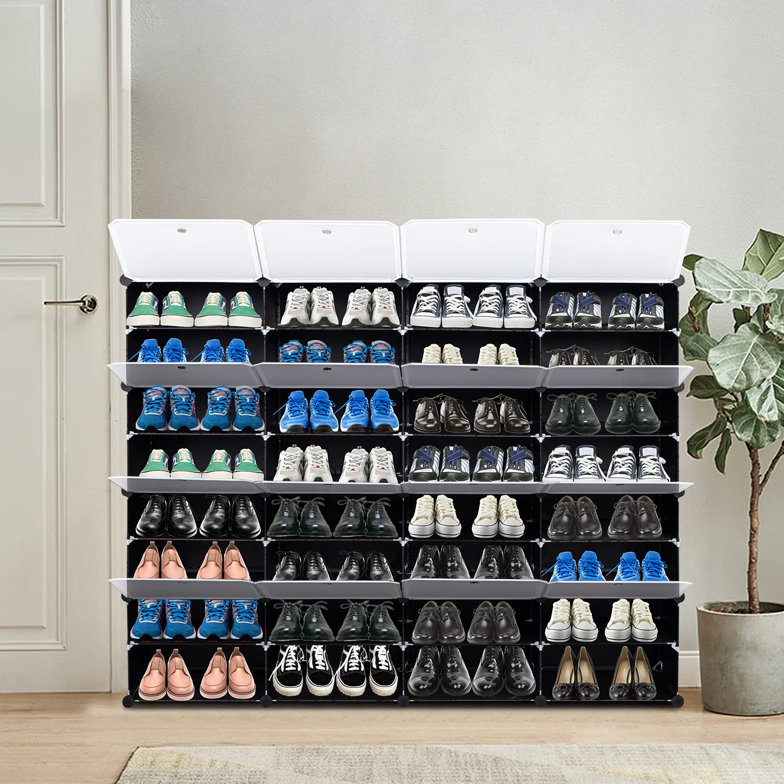 8-Tier Portable 64 Pair Shoe Rack Organizer - 32 Grids Tower Shelf Storage Cabinet for Closet, Entryway & Bedroom - Space Saving Shoe Storage Solution - Black