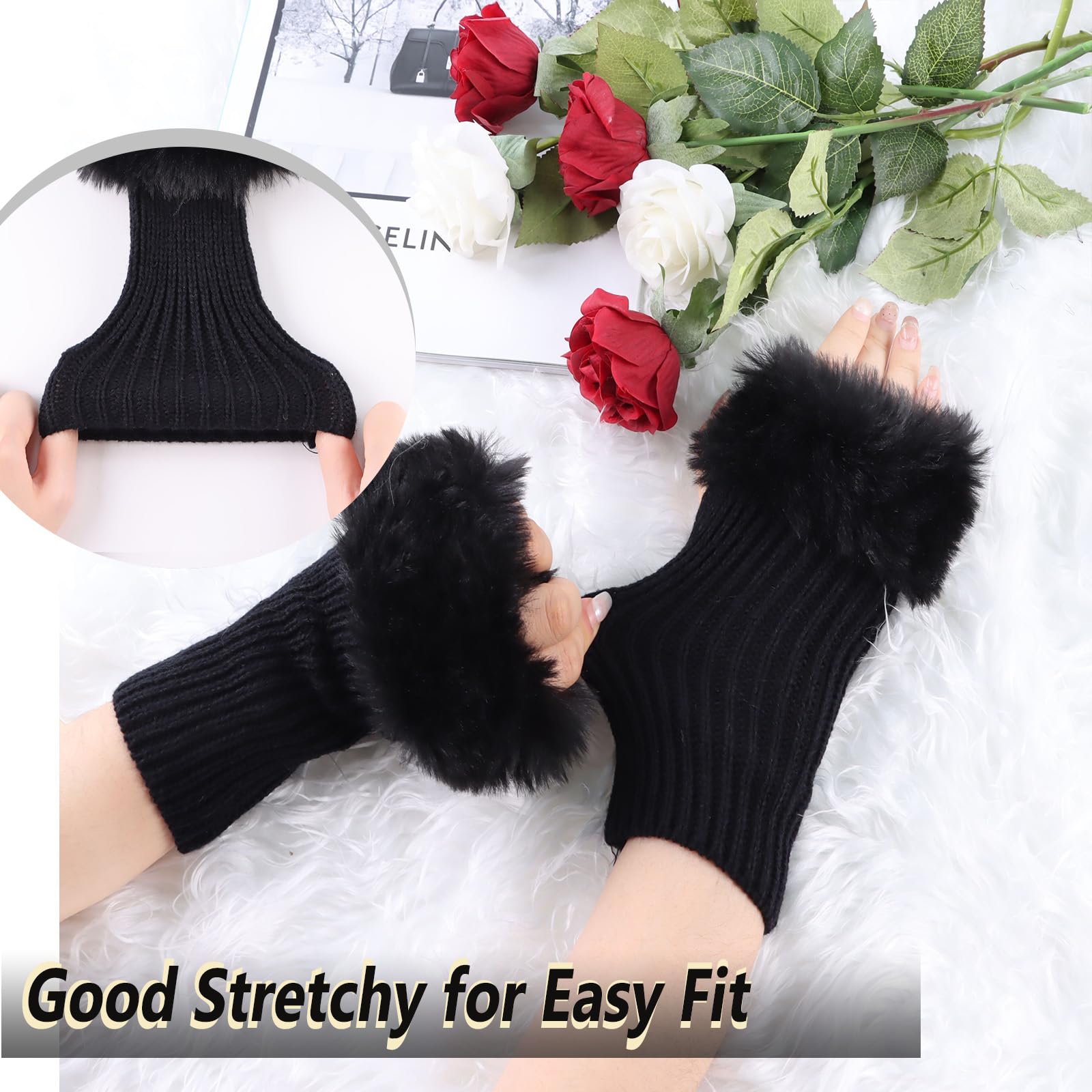 Warm Knitted Fingerless Gloves for Women - Winter Arm Warmers with Thumb Hole & Faux Fur Cuff - Cozy Hand Mittens for Office, Driving & Outdoor Activities