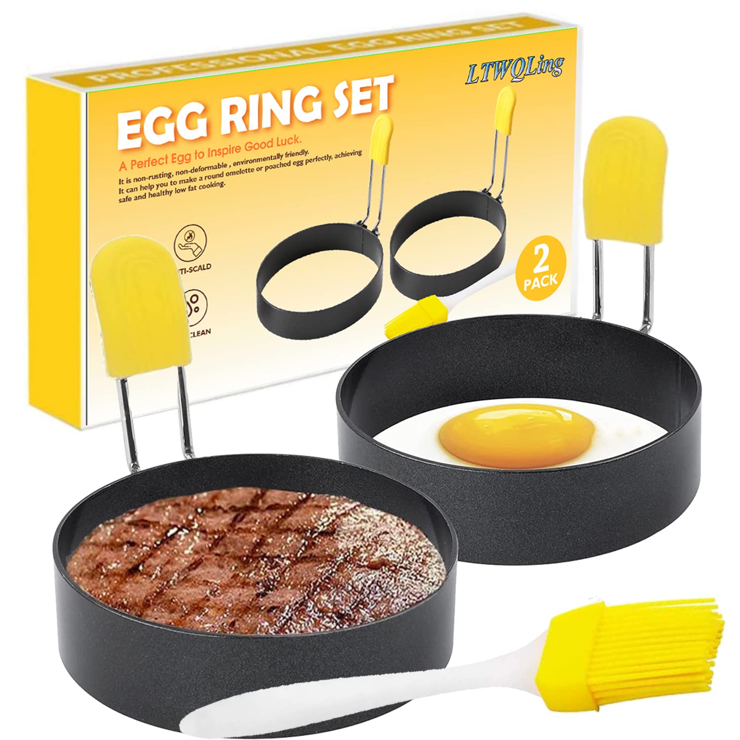 4 Inch Large Stainless Steel Egg Rings for Frying - 2 Pack Nonstick Round Egg Shaper Molds with Anti-Scald Handle - Perfect for English Muffins, Pancakes, Griddle Cooking & Breakfast Meal Prep