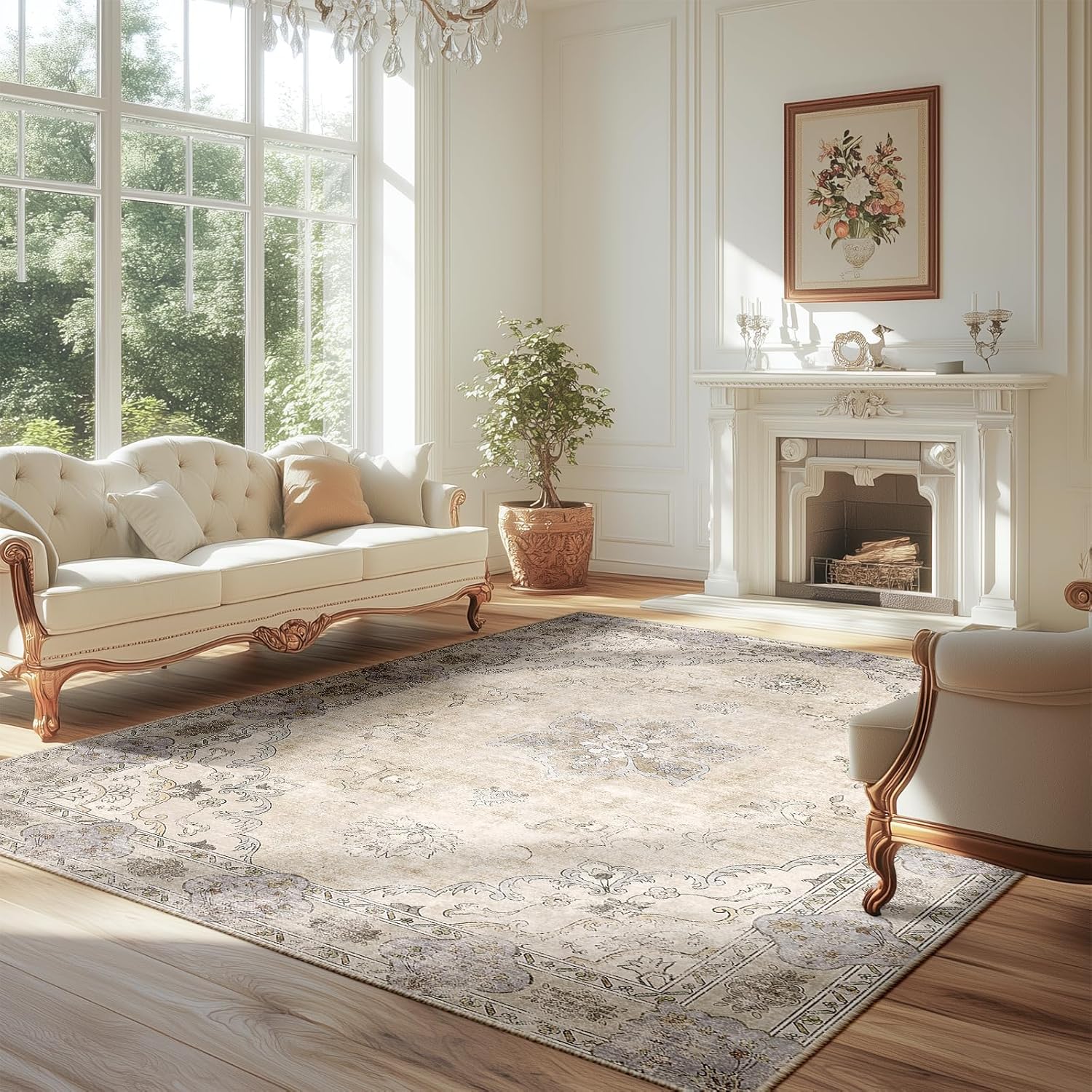 Grace Custom Floral Print Washable Area Rug - Beige & Multi-Color Non-Slip Carpet Runner for Living Room, Bedroom, Hallway Decor
