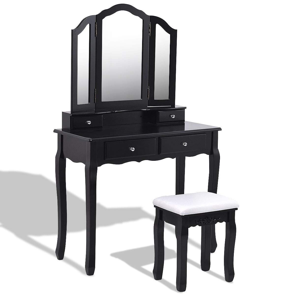 **Custpromo Vanity Dressing Table Set with Flip-Up Makeup Mirror, Cushioned Stool, 4 Drawers Storage Organizer - Black | Elegant Bedroom Furniture for Makeup & Jewelry Organization**    *(Perfect for Home, Bedroom, or Dressing Room – Ideal for Makeup Lovers & Beauty Enthusiasts)*