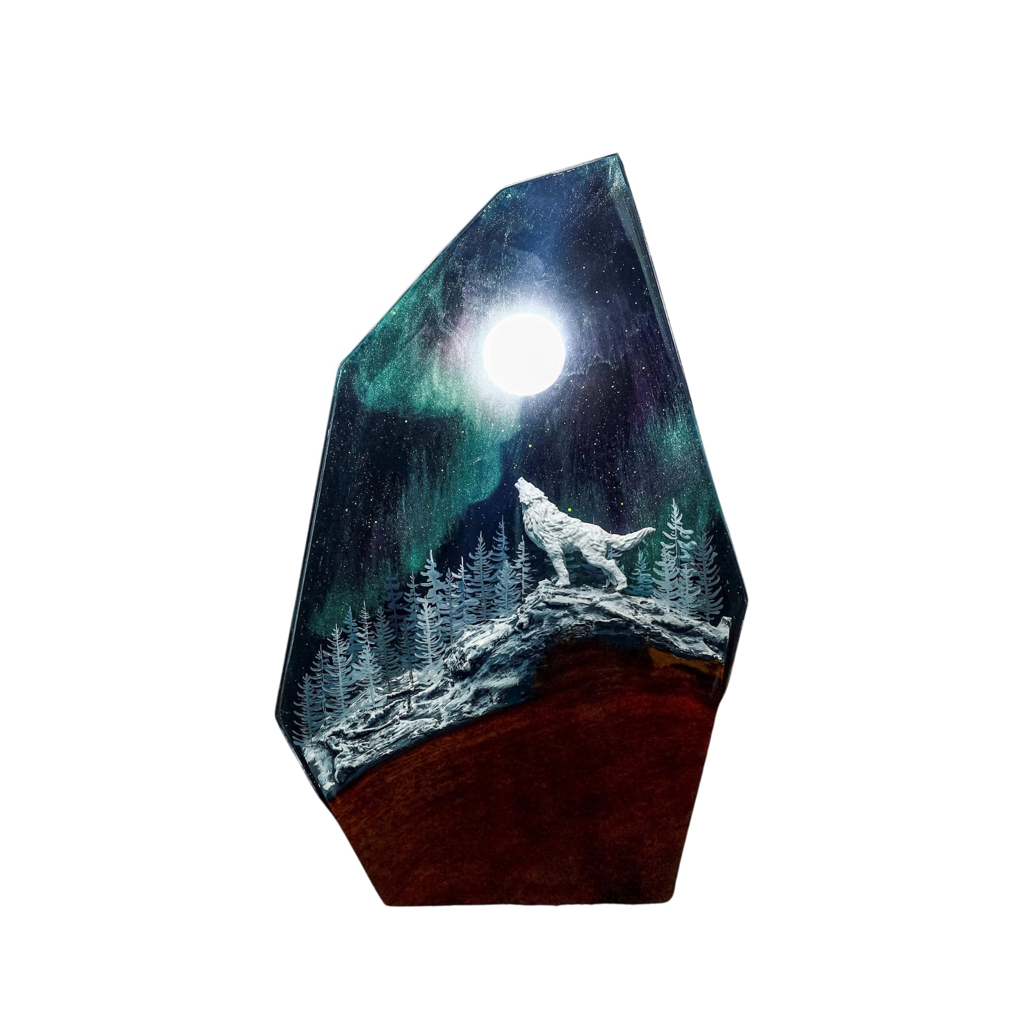 Howling Wolf Northern Lights Lamp - 12x7 Inch Aurora Borealis Night Light, Resin Wood Base, Unique Home Decor Gift for Her, Him, Friends - Perfect for Bedroom, Living Room, Office & Meditation Spaces