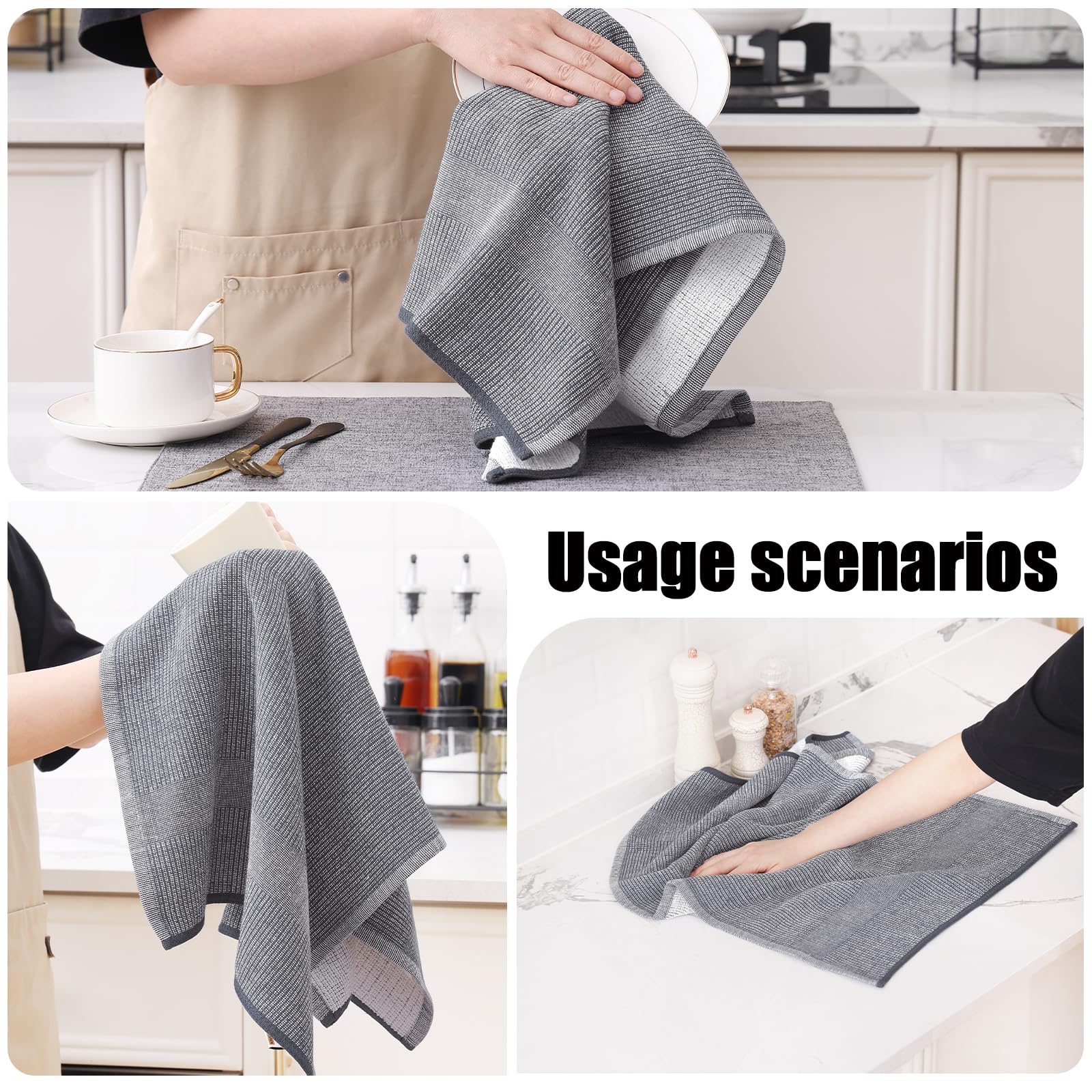 Homaxy Premium Kitchen Towels Set - 6 Pack Large Absorbent Cotton Dish Towels (18x28 Inches, 380 GSM) with Hanging Loop - Grey Flat & Terry Tea Towels for Cooking, Cleaning & Drying Dishes