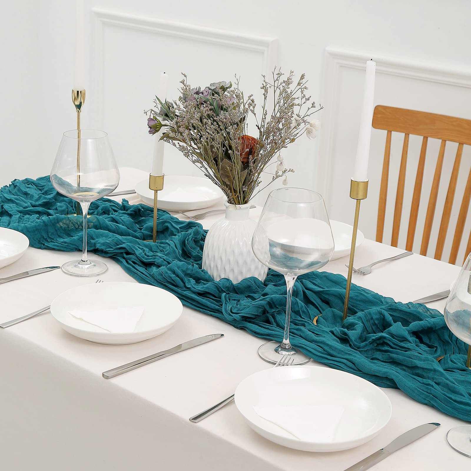8PCS Teal Cheesecloth Table Runner Set - 13.3ft Boho Gauze Fabric, Rustic Sheer Table Decor (160 Inches Long) for Wedding, Bridal Shower, Baby Shower, Birthday Party, Cake Table & Home Decorations