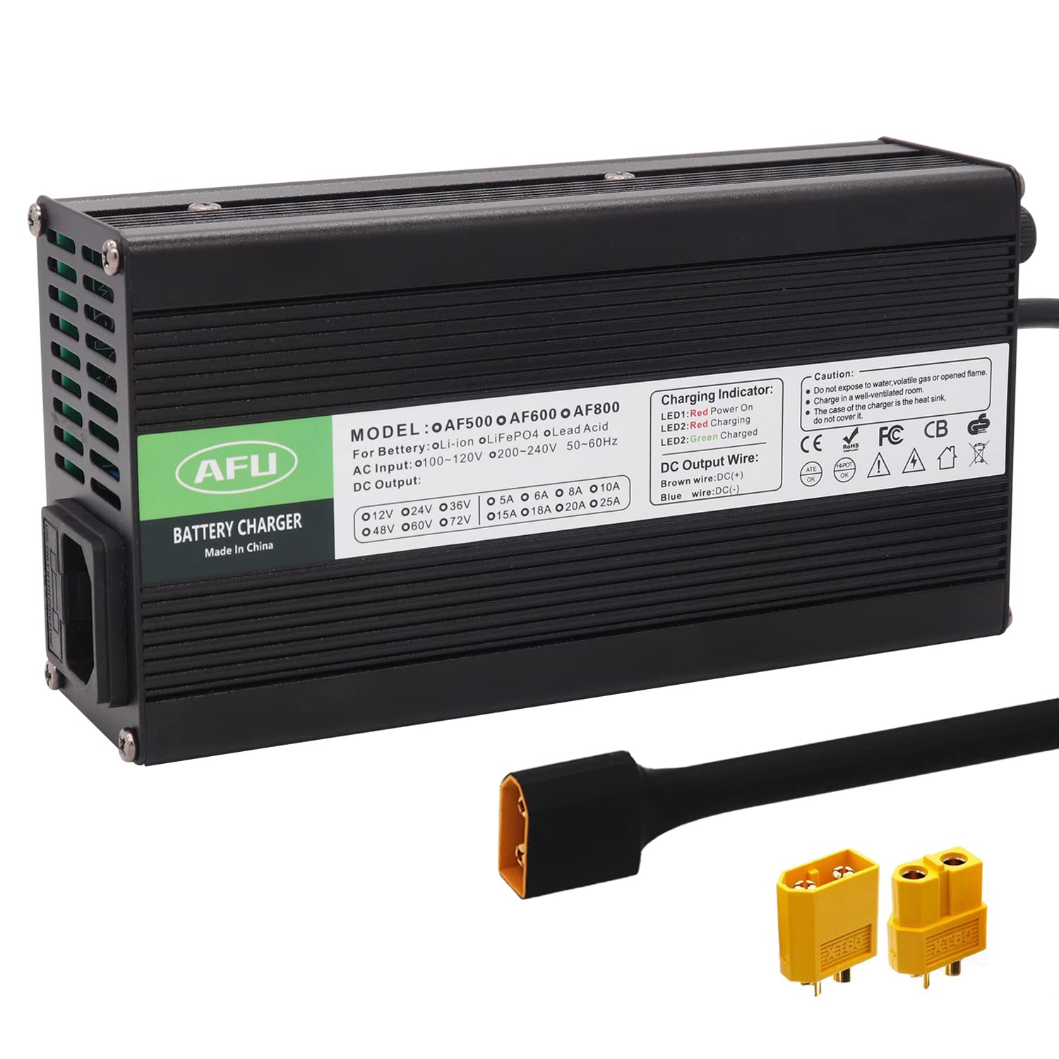 42V 10A Fast Charger for 10S 36V Lithium Battery - Black Aluminum Case with XT60 Male Plug - Perfect for E-Bikes, Scooters & Power Tools Charging