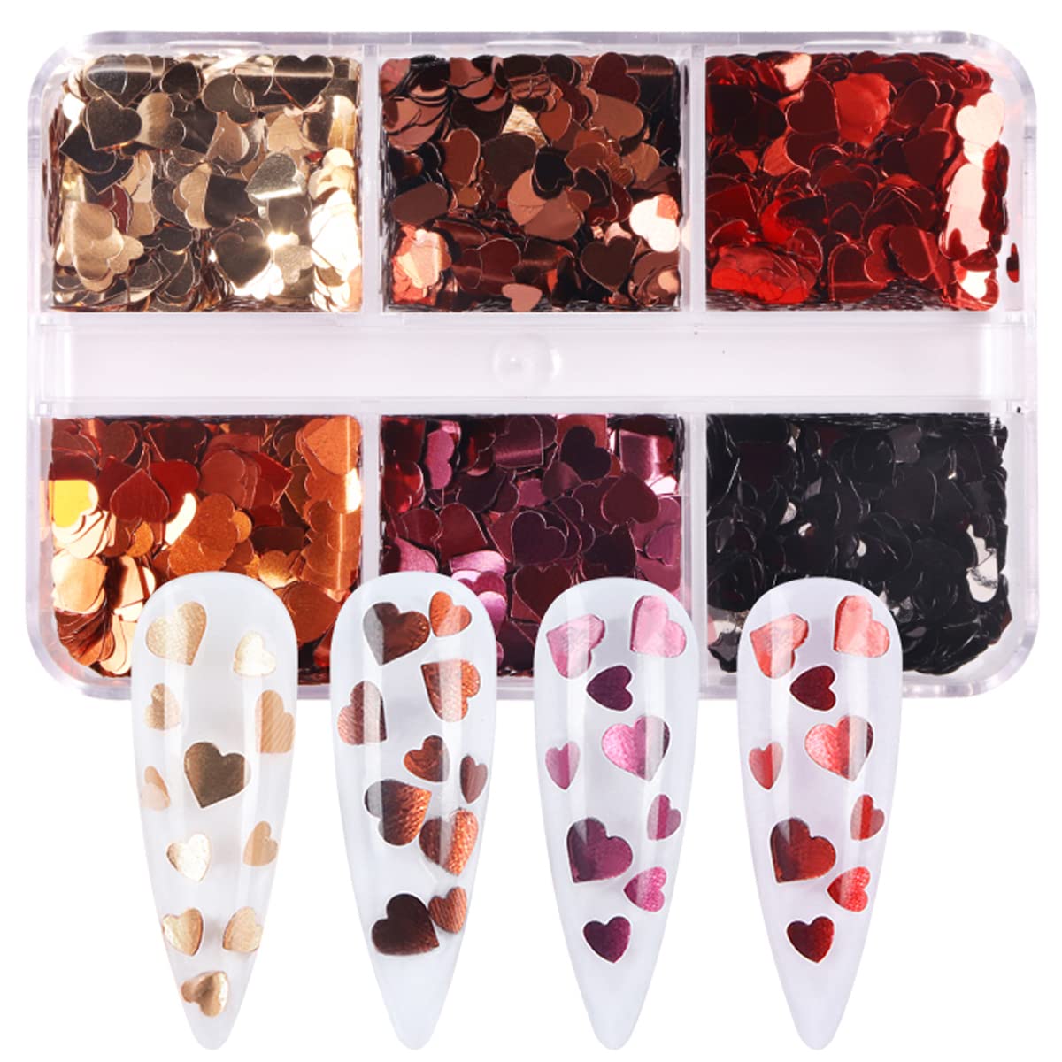 3D Heart Glitter Nail Sequins - 6 Grids Holographic Nail Art Stickers for Valentine's Day, Red Rose Gold Black Heart Glitter Decals | DIY Nail Design Charms, Party & Wedding Nail Art Decorations
