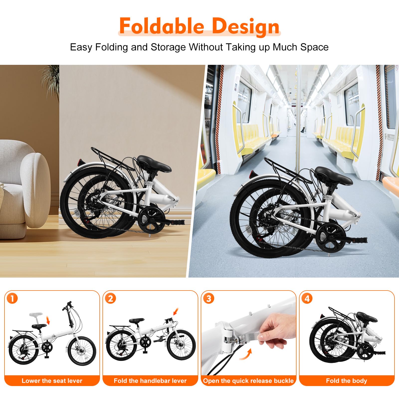 20 Inch Folding Bike for Adults - 7 Speed Adjustable Commuter Bicycle for Men & Women - Compact Foldable Bike for Urban Commuting, Camping & Travel