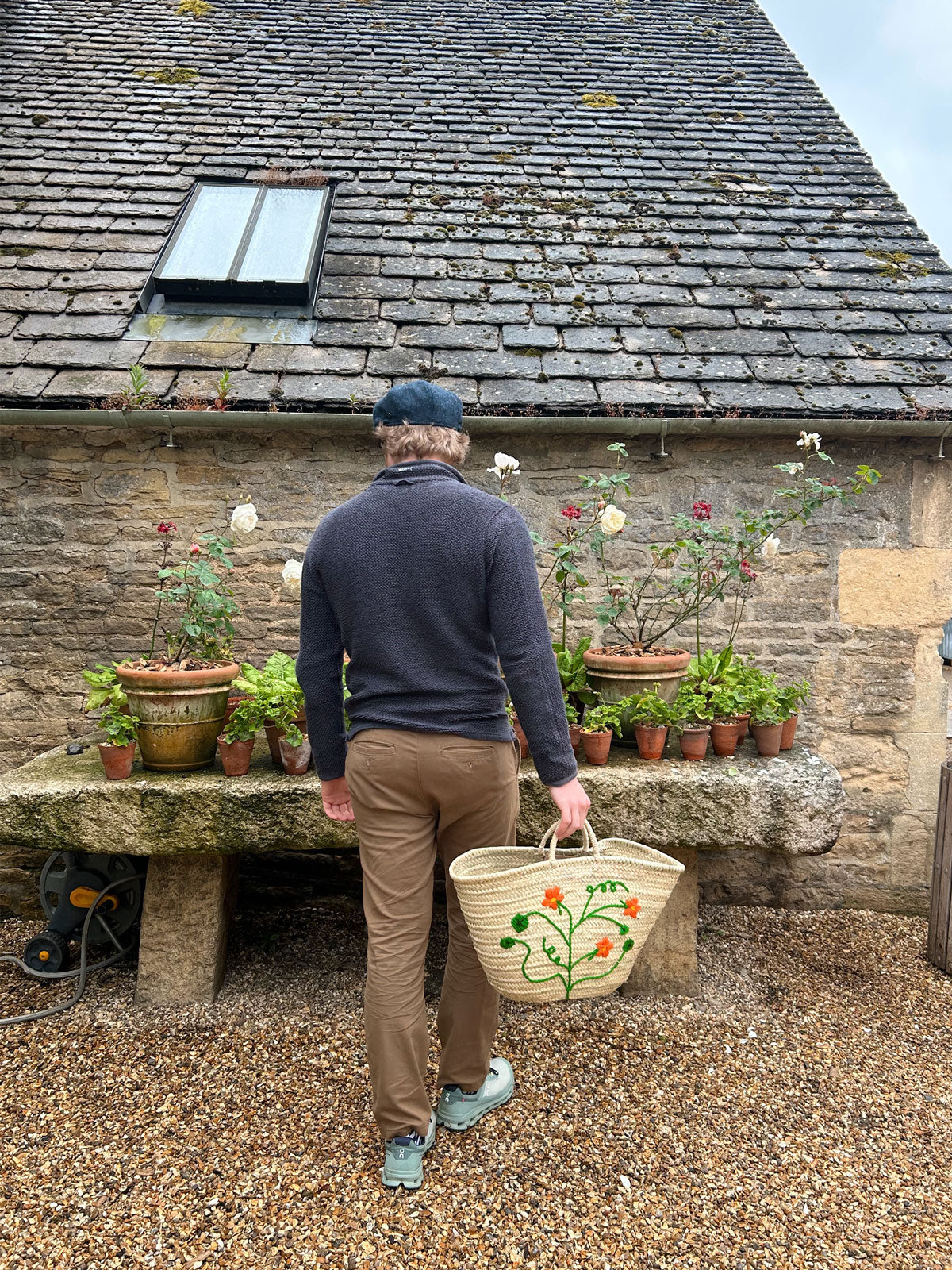Hand Embroidered Market Basket with Nasturtium Design - Eco-Friendly Cotton Tote for Grocery Shopping, Farmers Market & Beach Outings