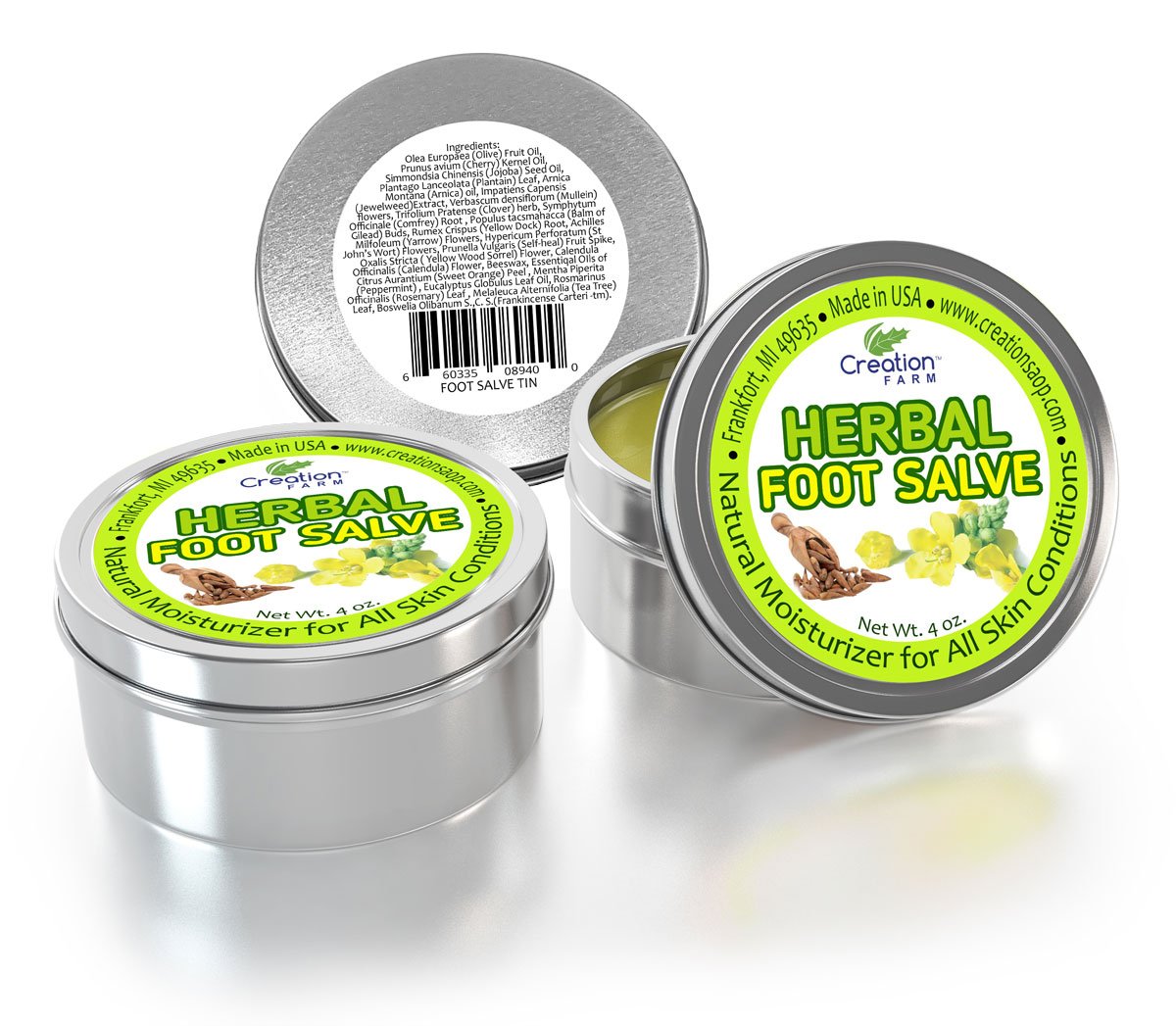 Creation Farm Foot Salve - 4 Oz Herbal Foot Balm with Peppermint & Tea Tree Oil - Moisturizing Foot Cream for Dry Cracked Heels & Calluses - Perfect for Pedicures, Post-Workout Recovery & Daily Foot Care