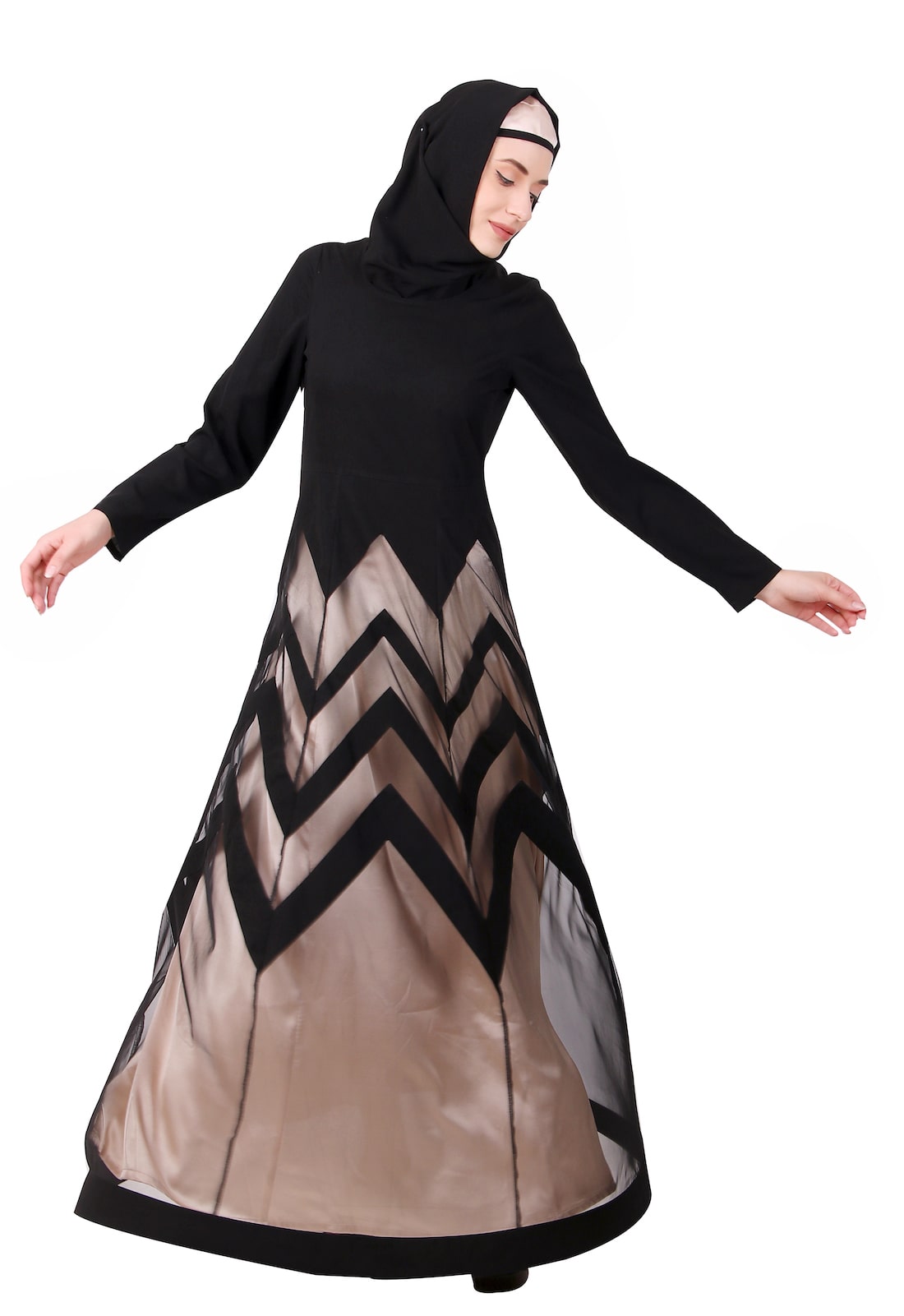 Elegant Designer Zig Zag Pattern Nida & Net Abaya - Modest Islamic Dress for Women - Perfect for Prayer, Eid, and Special Occasions