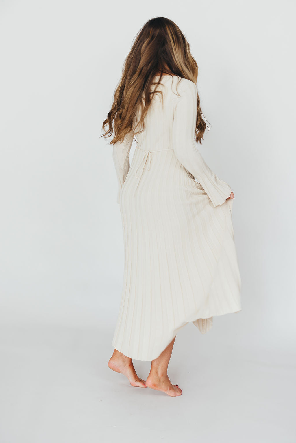 Hadley Long Sleeve V Neck Knit Maxi Dress in Cream Taupe - Elegant Women's Casual Maxi Dress for Fall & Winter, Perfect for Office, Date Night and Holiday Parties