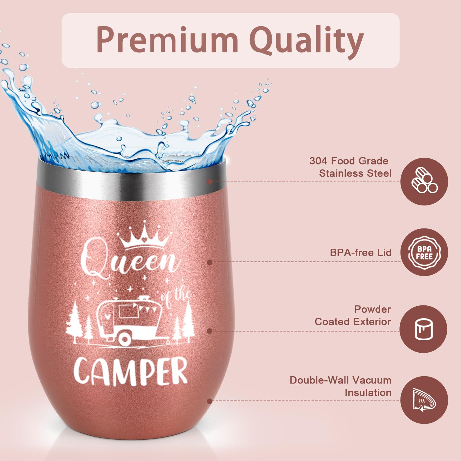 **Lifecapido 12oz Insulated Wine Tumbler - Queen of The Camper - Rose Gold Stainless Steel Travel Mug for Hot & Cold Drinks - Perfect Christmas, Birthday Gift for Women, Mom, Friends, Boss - Ideal for Camping, Hiking, Travel & Outdoor Adventures**