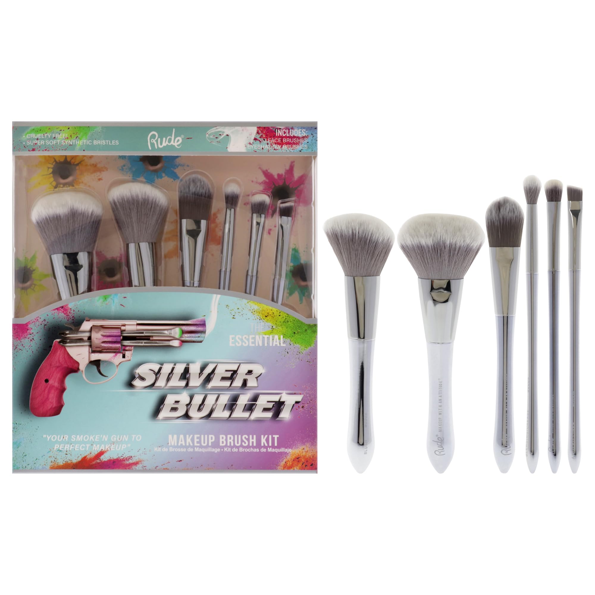 Rude Cosmetics Silver Bullet Makeup Brush Set - 6 Piece Professional Gun-Themed Brush Kit (Beretta Powder, Glock Blush, Remington Foundation, Shotgun, Browning Angled) for Women | Perfect for Everyday Makeup, Travel & Professional Makeup Artists