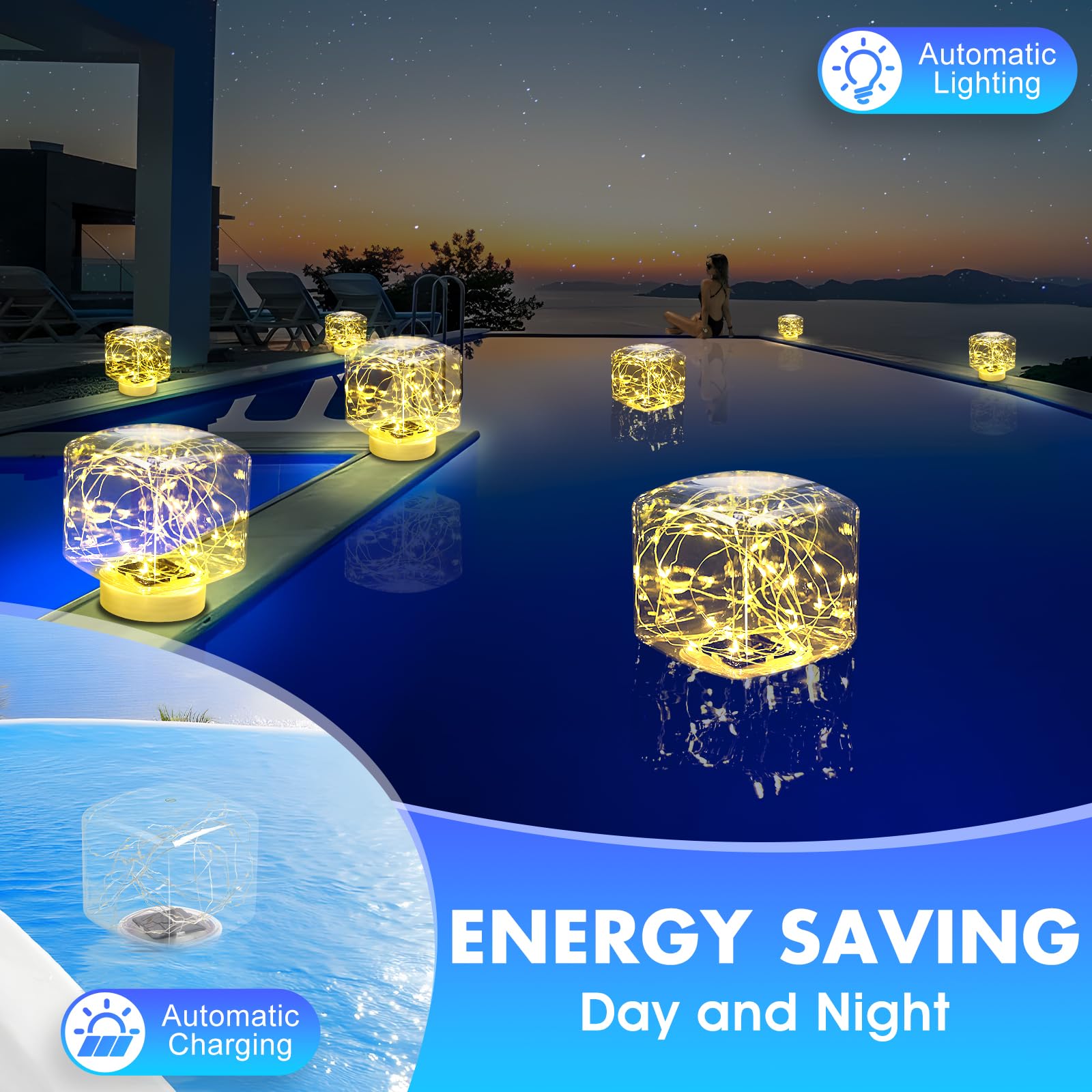 2024 Solar Pool Lights - 2 Pack Warm White Floating LED Lights, IP68 Waterproof 7