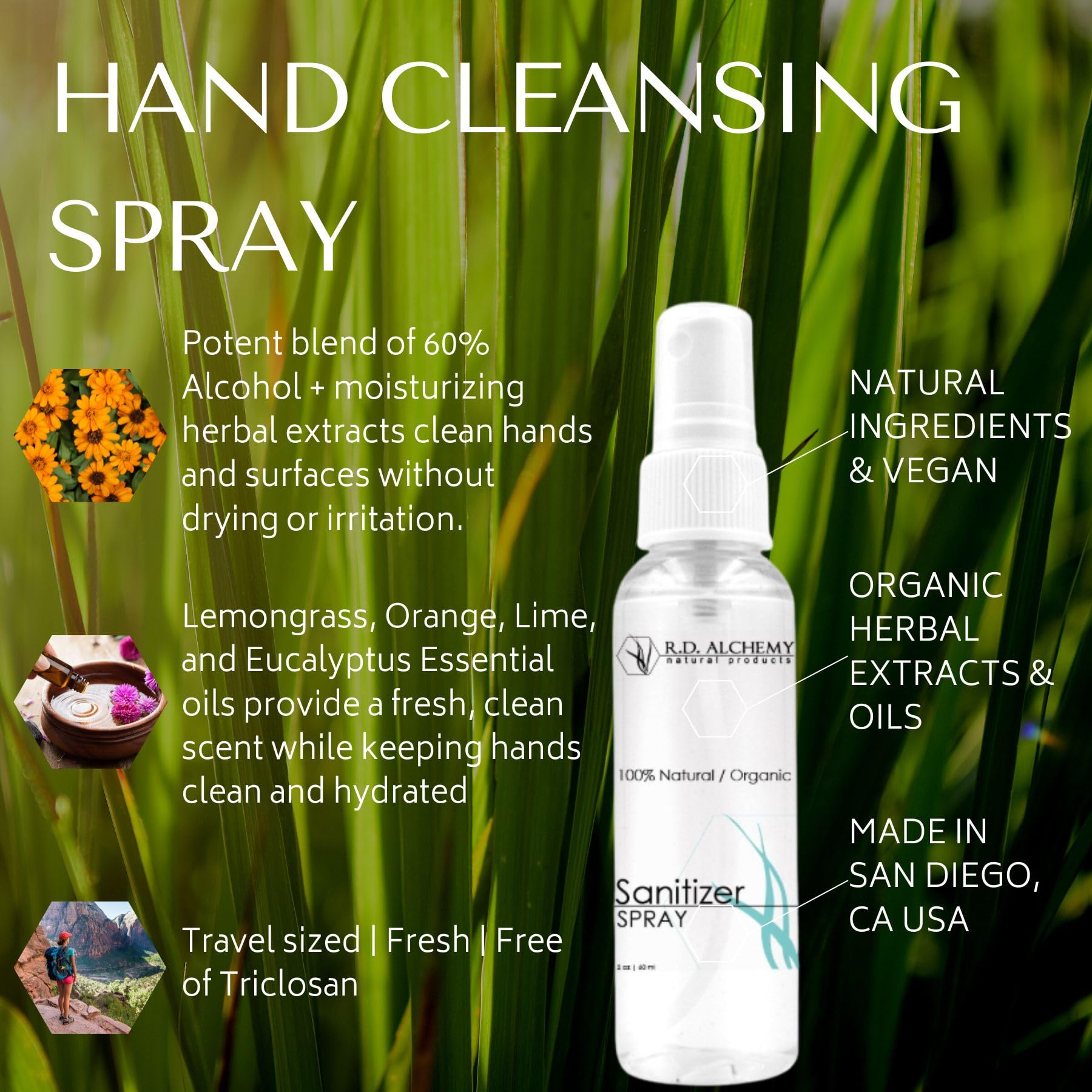 RD Alchemy - 100% Natural & Organic Hand Sanitizer Spray | Alcohol-Free, Moisturizing & Gentle for Daily Use | Perfect for Travel, Office, School & On-The-Go Hygiene