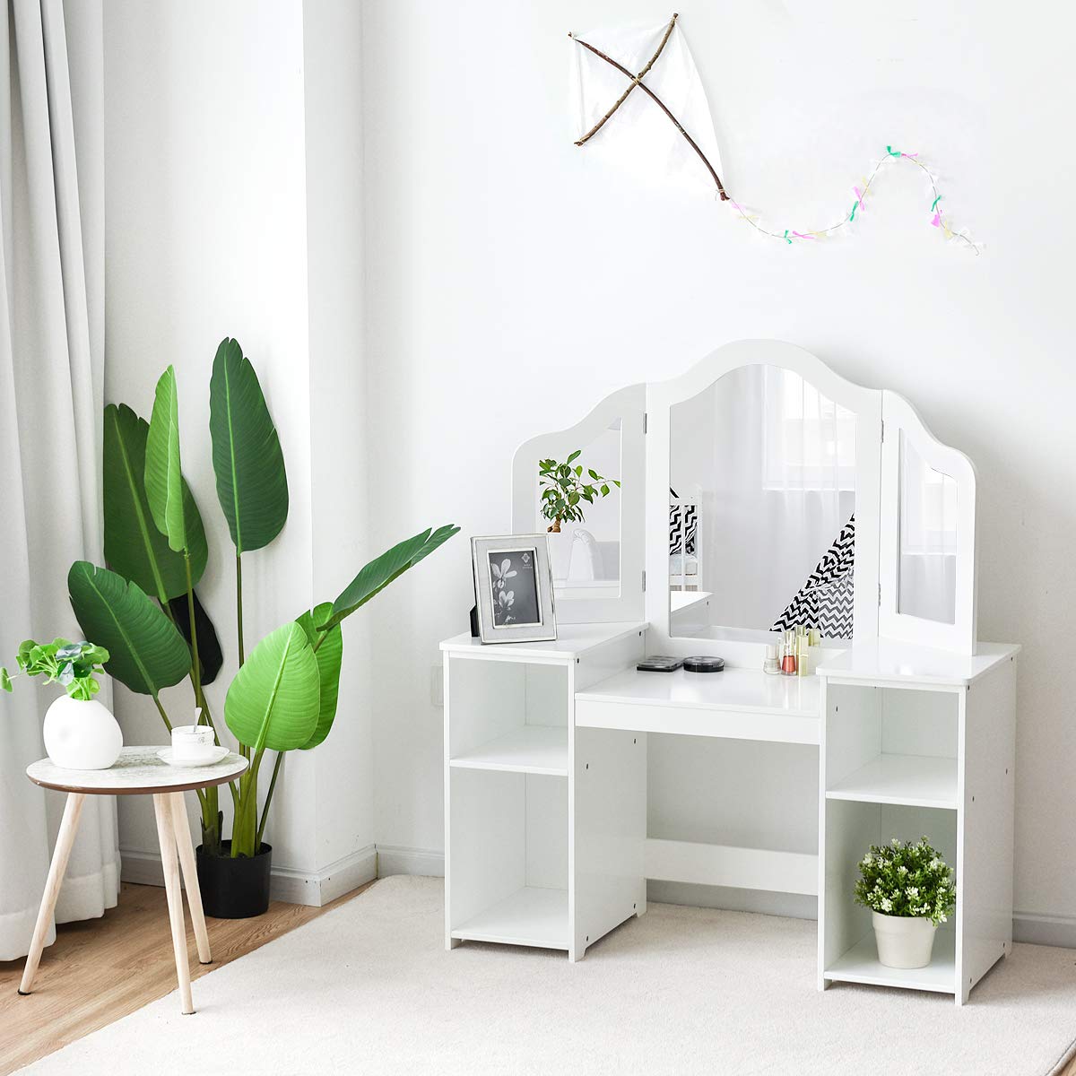 GOFLAME Kids Vanity Table with Writing Desk - 2 in 1 Detachable Princess Style Vanity Set, White MDF with Plastic Mirror, 42