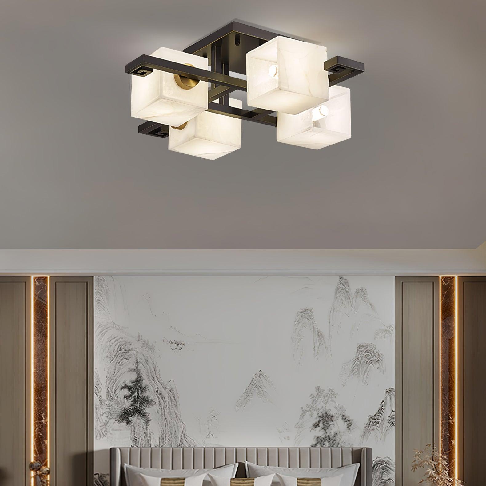 Modern Cubist Alabaster Cluster Ceiling Lamp - Elegant Geometric Lighting Fixture for Living Room, Dining Room & Bedroom