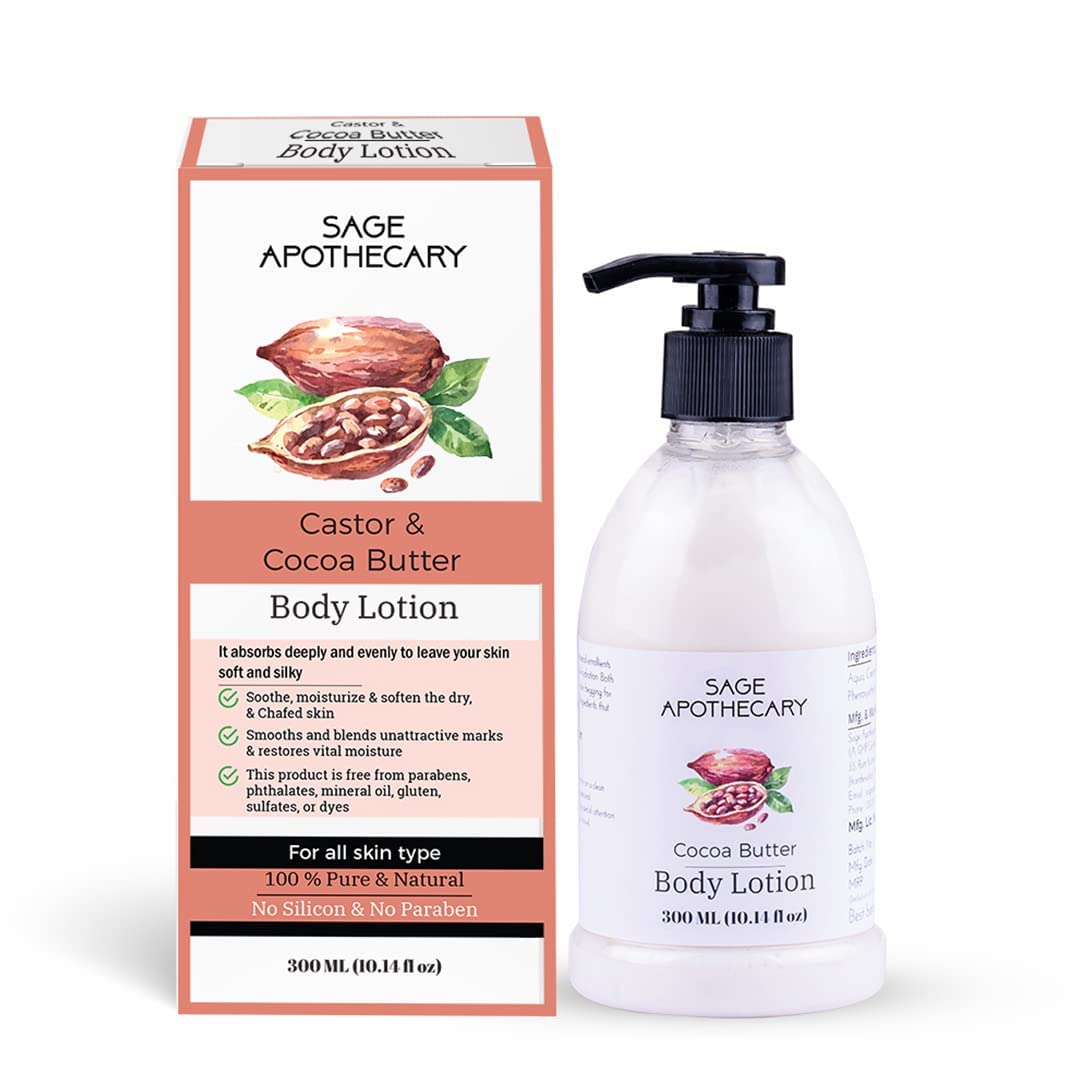 **Sage Apothecary 100% Pure Natural Castor & Cocoa Butter Body Lotion for Deep Moisturizing & Hydration – Soft & Silky Skin | Collagen Boosting for Men & Women | Paraben & Silicone Free – 300ml | Perfect for Dry Skin, Stretch Marks & Nighttime Care**