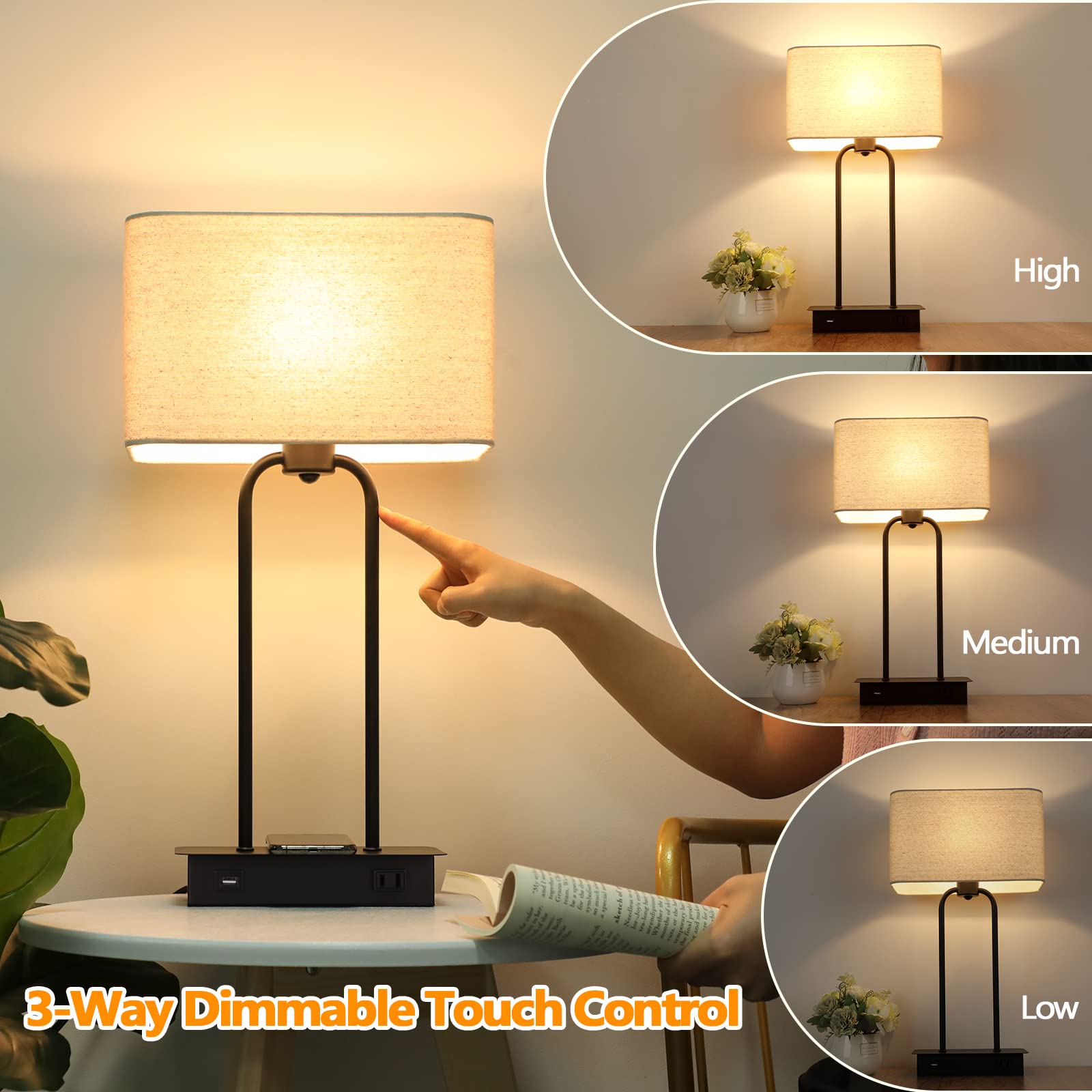 Wireless Charging Touch Control 3-Way Dimmable Table Lamp Set of 2 - Modern Black Nightstand Lamps with USB Port & AC Outlet for Bedroom, Living Room, Office - Includes LED Bulbs | Perfect for Reading, Working & Bedside Lighting