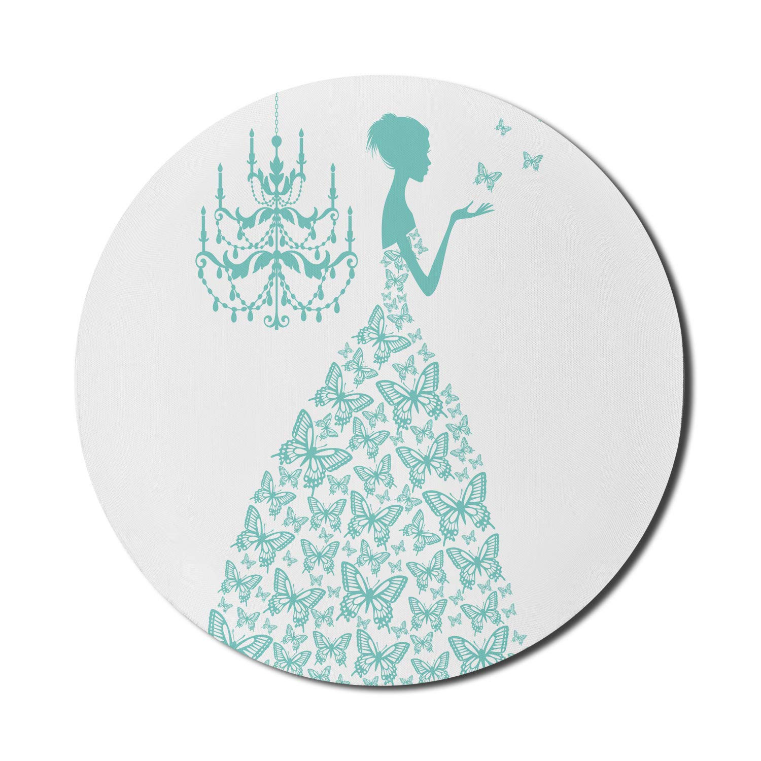 Ambesonne Romantic Monochromatic Butterfly Mouse Pad - 8 Inch Round Non-Slip Rubber Gaming Mouse Mat for Computers, Office & Home Use - Perfect Gift for Women, Seafoam and White Design (Great for Work, Gaming & Decor)