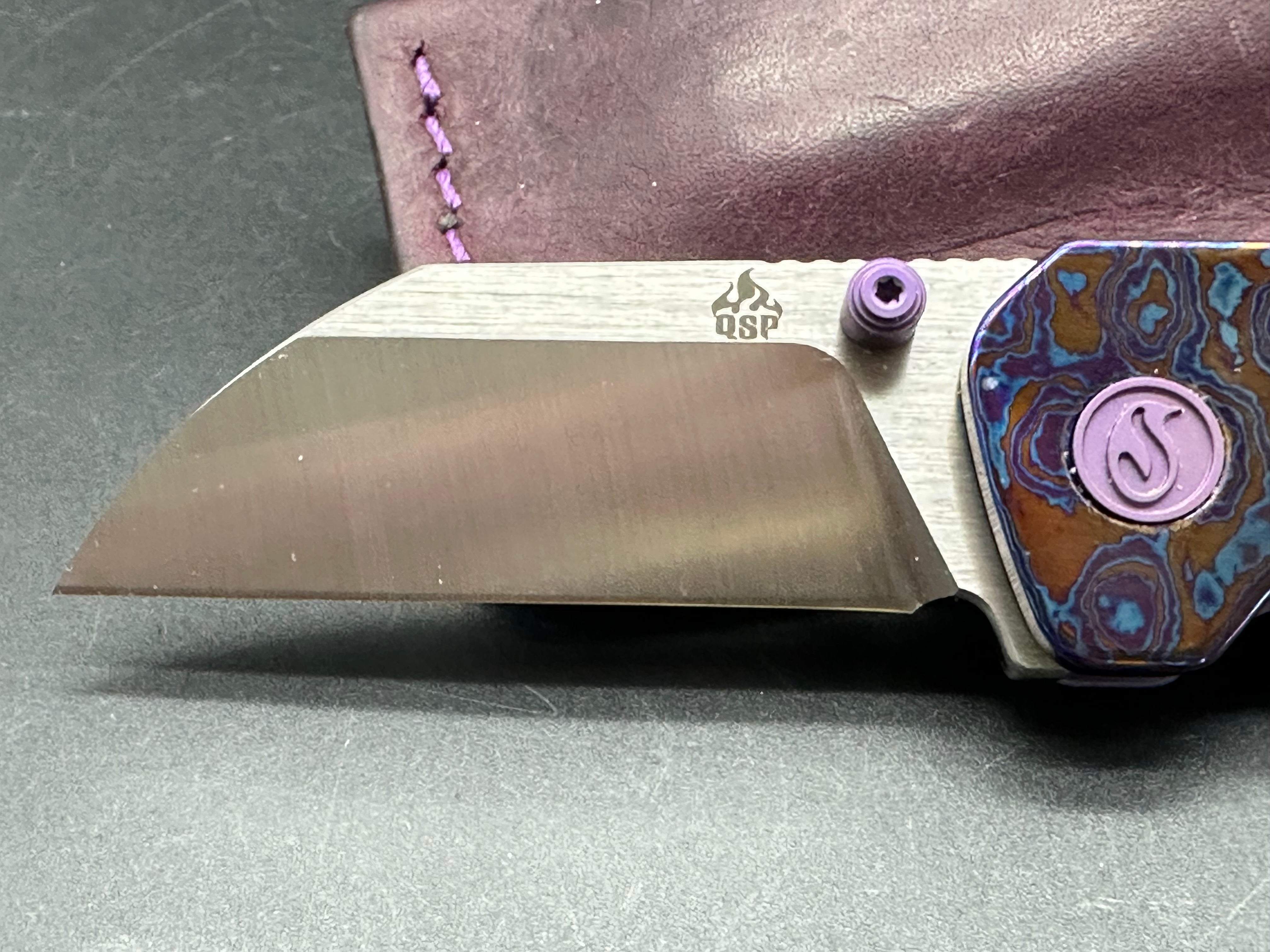 Kaviso QSP Penguin Mini Pocket Knife - Purple Titanium & Timascus Blade with Custom Purple Oak City Leather Slip | EDC, Outdoor, Camping & Everyday Carry Accessories