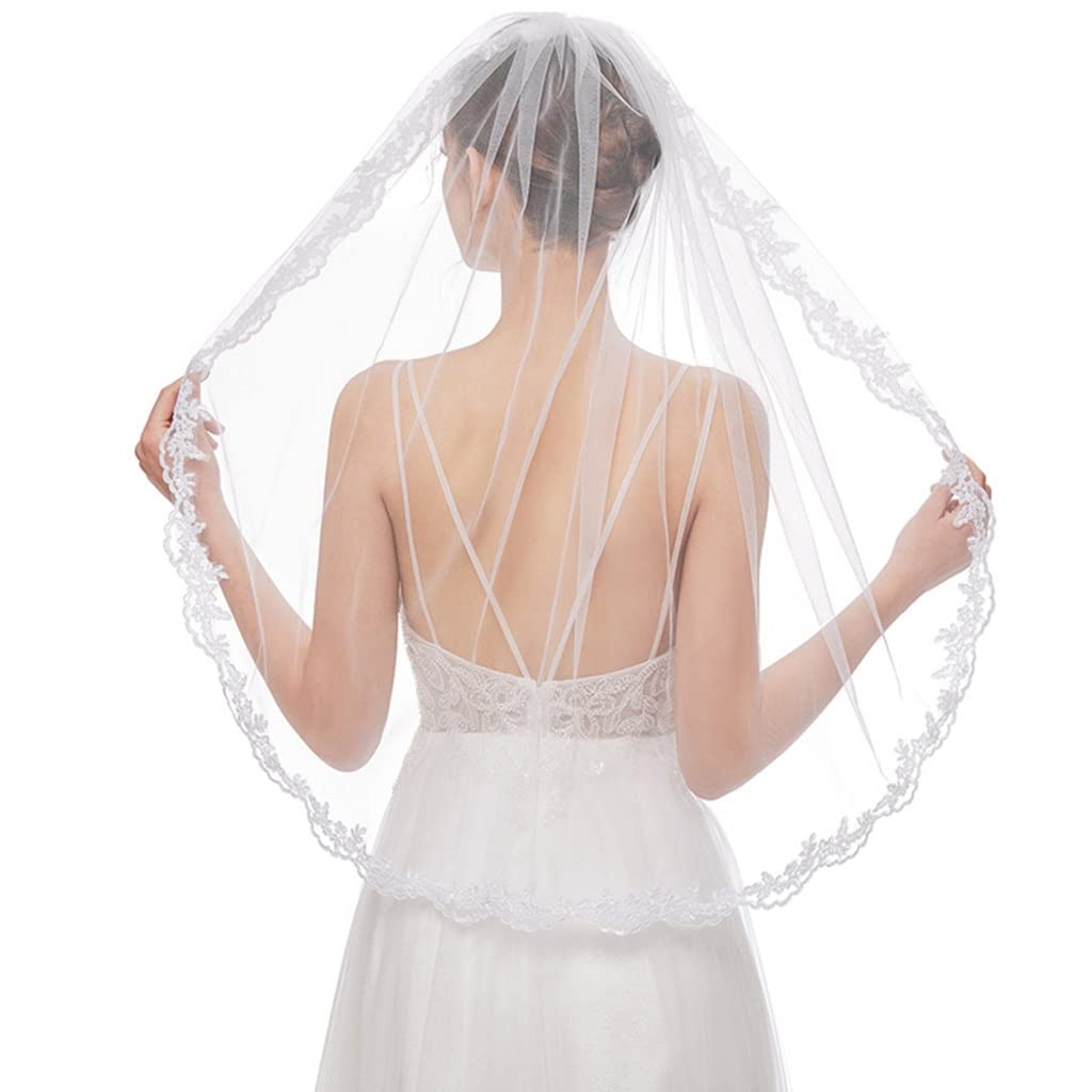 Elegant Single Layer Bridal Veil with Comb - Dainty Appliques, Short Sheer Tulle Wedding Veil for Bride & Bridesmaids (White, 90cm) - Perfect for Church Ceremonies, Outdoor Weddings & Photo Shoots