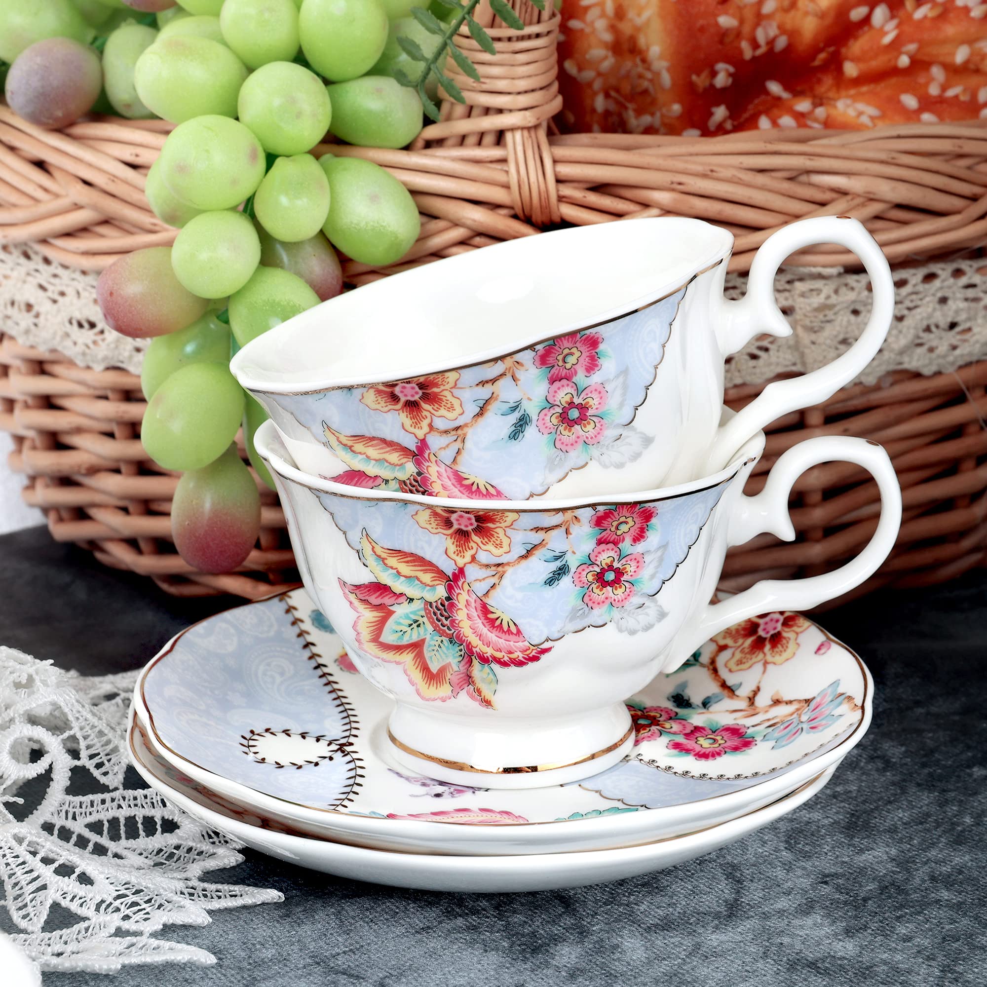 Fanquare Floral Coffee Cups Set of 6 (5 oz) - Porcelain Cappuccino Cups with Saucers - Elegant Tea Cups for Birthday, Wedding & Party - Purple - Perfect for Afternoon Tea, Coffee Break & Home Decor