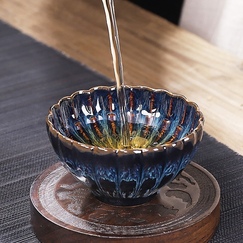 Handmade Jianzhan Blue Glaze Gongfu Tea Cup - Authentic Japanese Style Ceramic Teacup with Sterling Silver Rim - Perfect for Matcha, Green Tea, and Tea Ceremonies