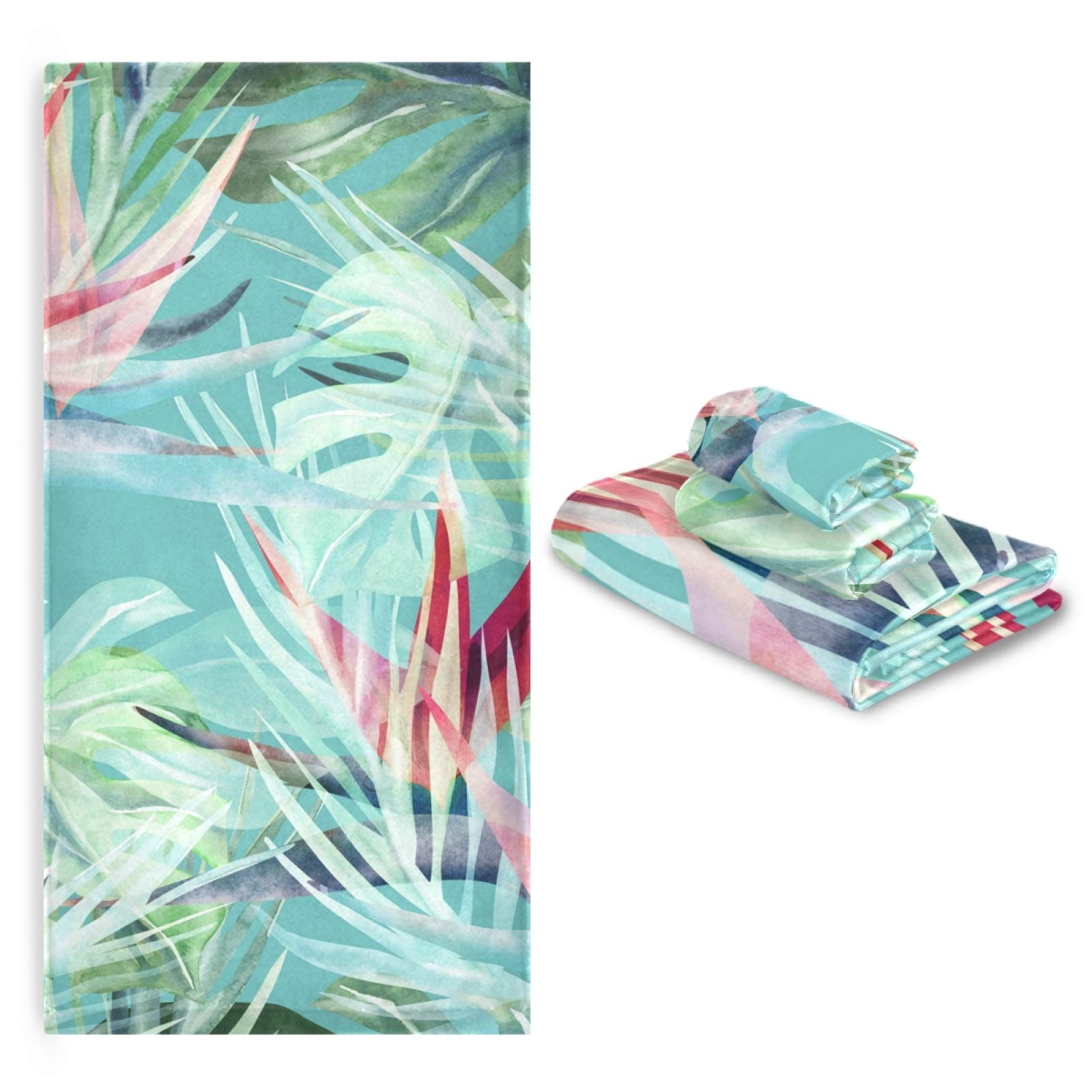 ALAZA Tropical Plant & Bird of Paradise Bath Towel Set - 3 Piece Soft Absorbent Towels (Bath, Hand, Washcloth) for Bathroom, Kitchen, Beach, Gym & Spa Decor | Eco-Friendly Home & Hotel Luxury Linens