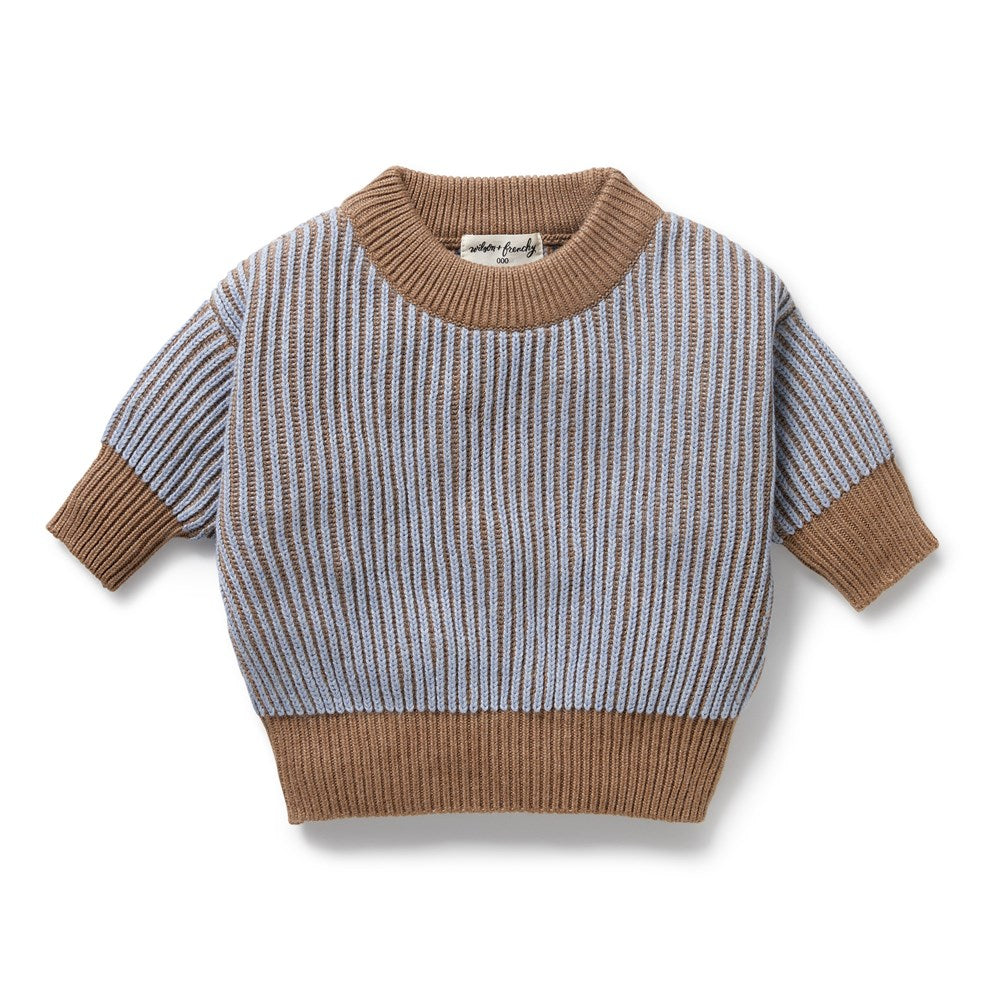 Organic Blue Speckle Knitted Ribbed Jumper for Women - Cozy Winter Sweater for Casual Wear & Holiday Outfits