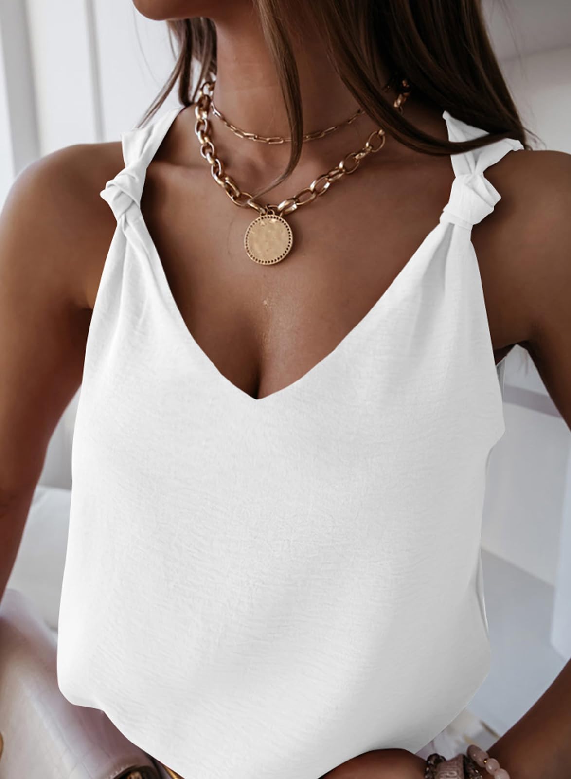 Women's Casual V-Neck Knotted Detail Tank Tops - Sleeveless Blouses & Shirts for Summer Outfits, Beach Wear, and Everyday Fashion